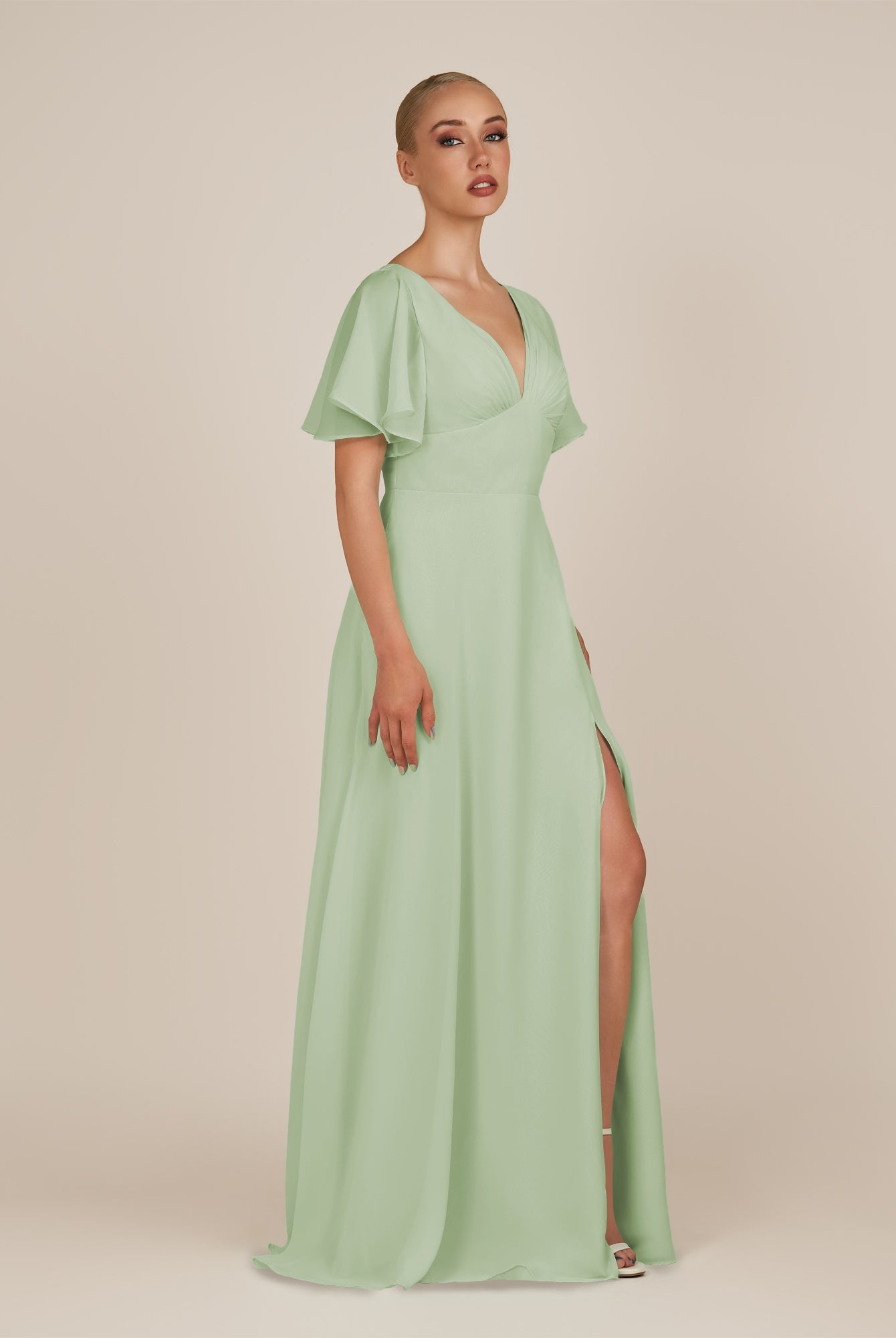 KissDress-Zorina Sage Sheath Chiffon Cap Sleeves V Neck Long Bridesmaid Dress with Slit