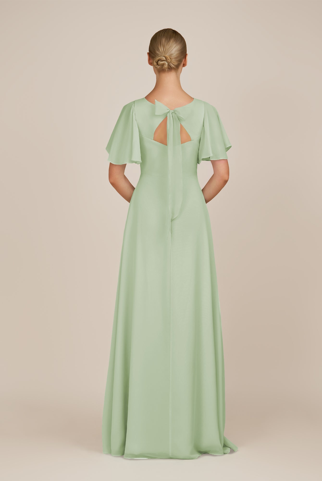KissDress-Zorina Sage Sheath Chiffon Cap Sleeves V Neck Long Bridesmaid Dress with Slit