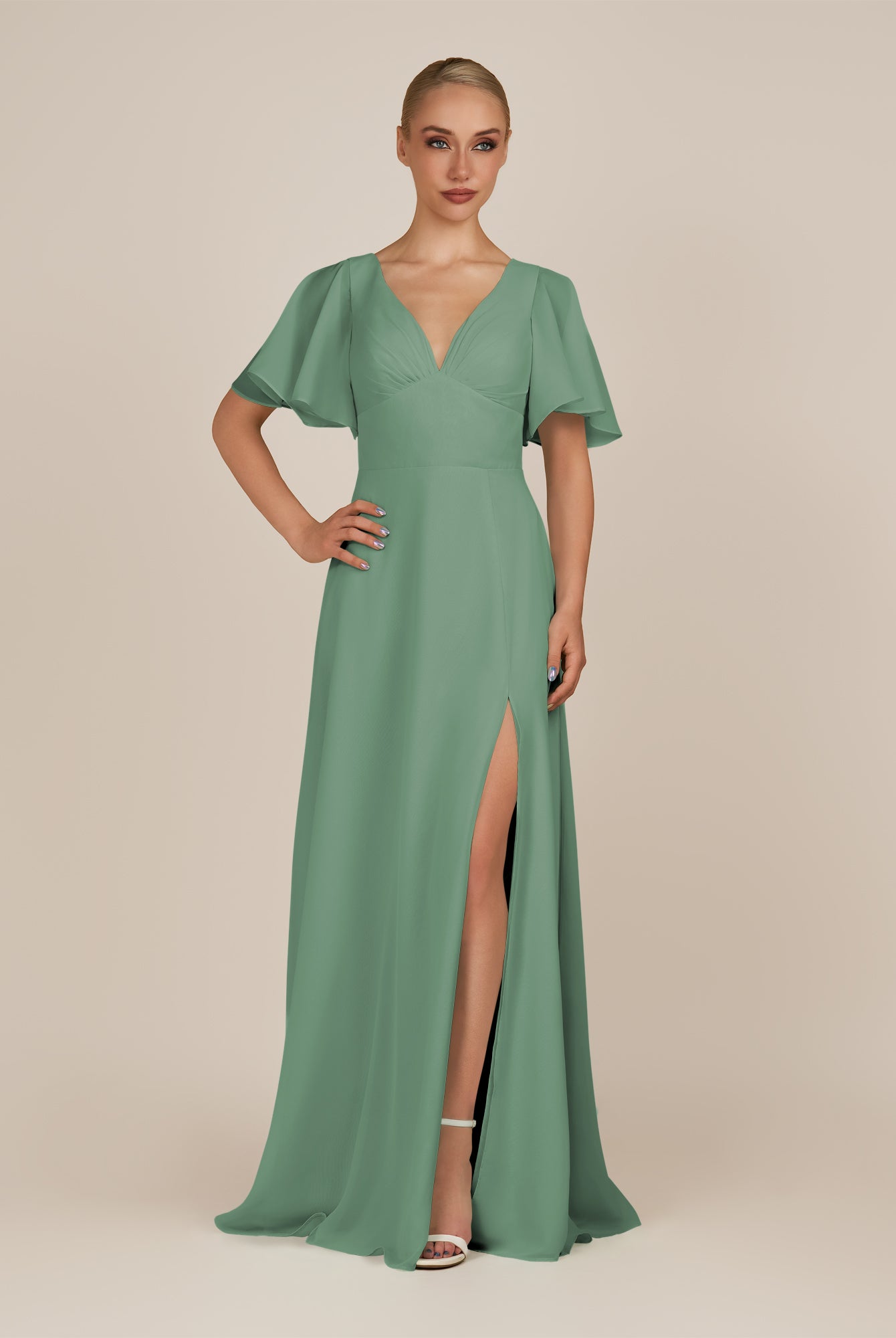 KissDress-Zorina Sea Glass Sheath Chiffon Cap Sleeves V Neck Long Bridesmaid Dress with Slit