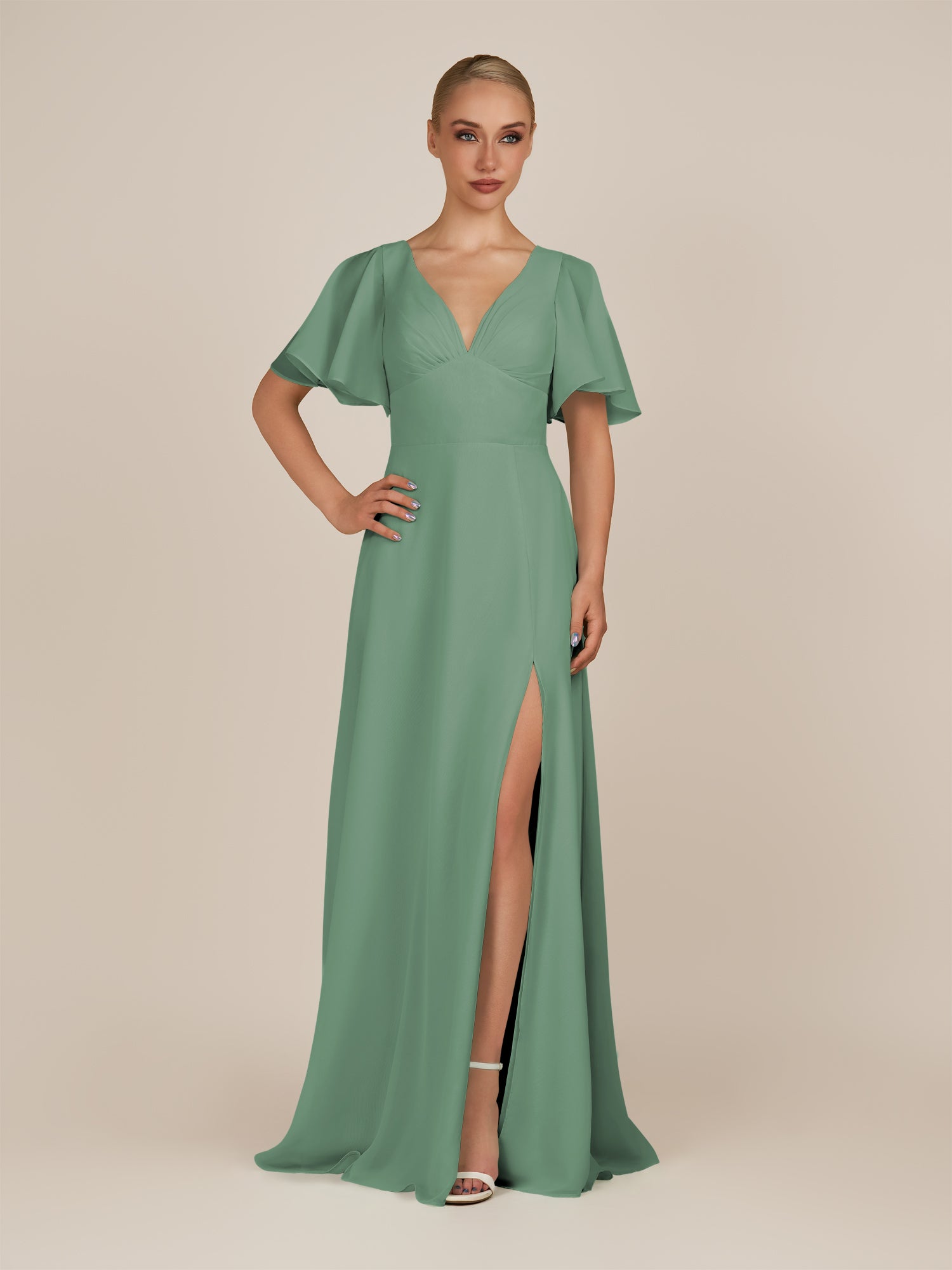 KissDress-Zorina Sea Glass Sheath Chiffon Cap Sleeves V Neck Long Bridesmaid Dress with Slit