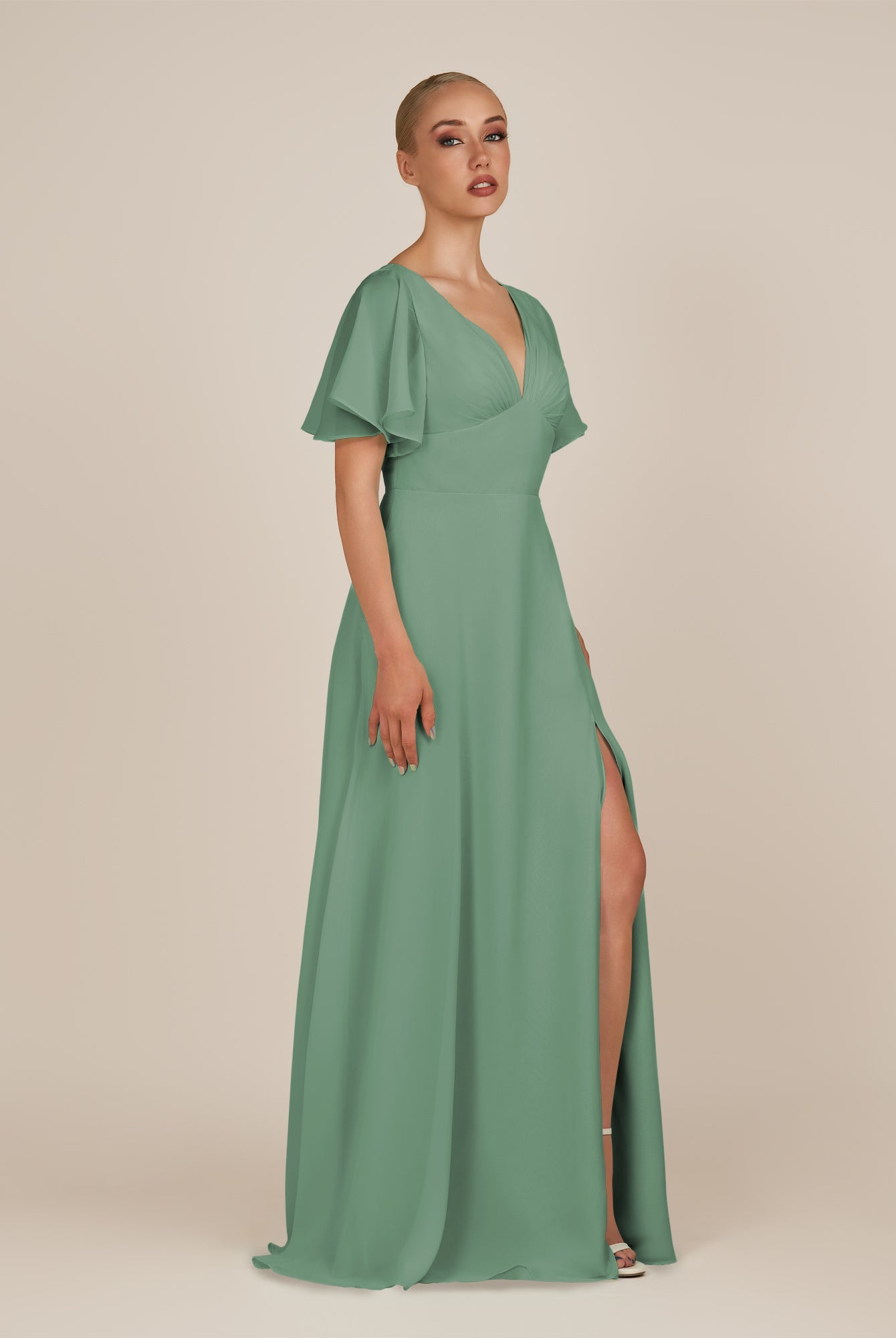 KissDress-Zorina Sea Glass Sheath Chiffon Cap Sleeves V Neck Long Bridesmaid Dress with Slit