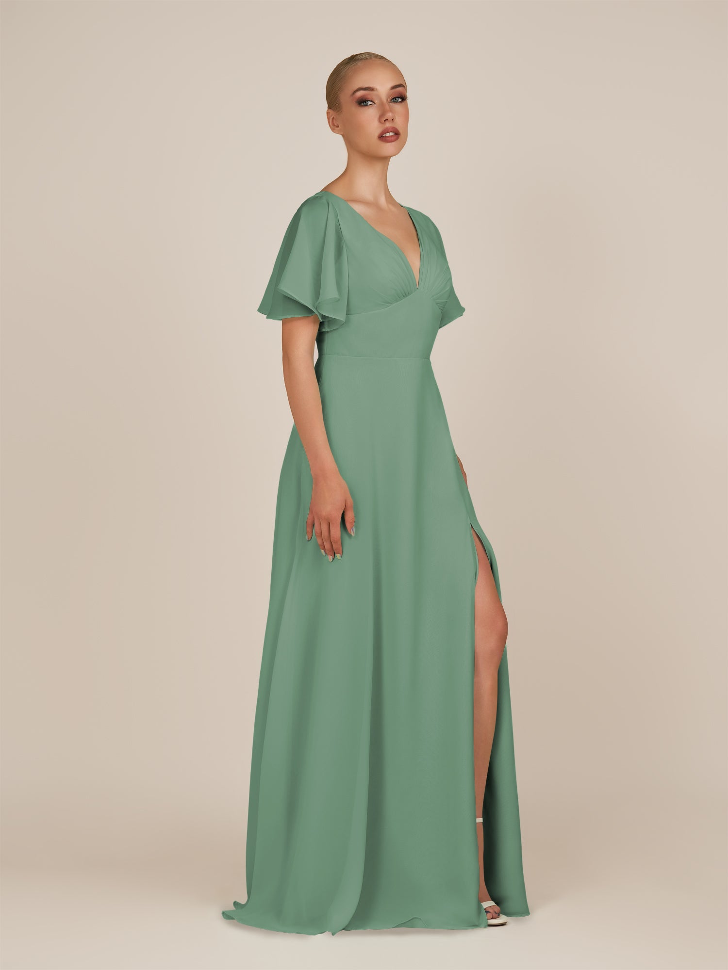KissDress-Zorina Sea Glass Sheath Chiffon Cap Sleeves V Neck Long Bridesmaid Dress with Slit