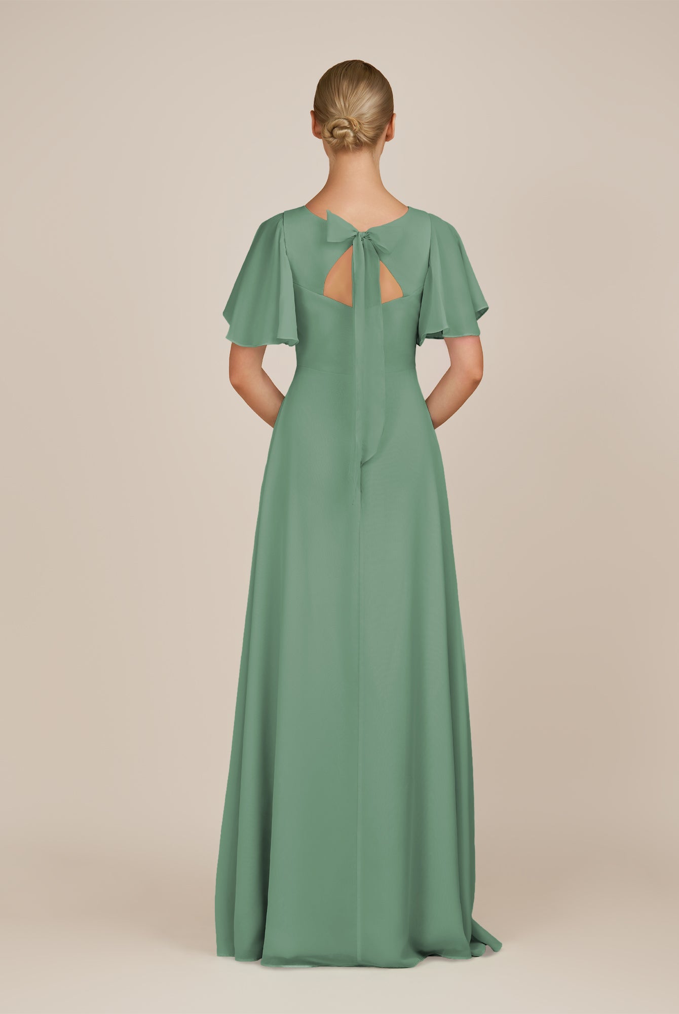KissDress-Zorina Sea Glass Sheath Chiffon Cap Sleeves V Neck Long Bridesmaid Dress with Slit