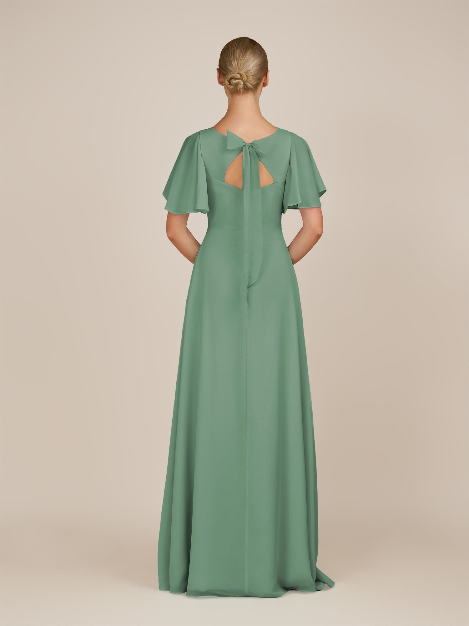 KissDress-Zorina Sea Glass Sheath Chiffon Cap Sleeves V Neck Long Bridesmaid Dress with Slit