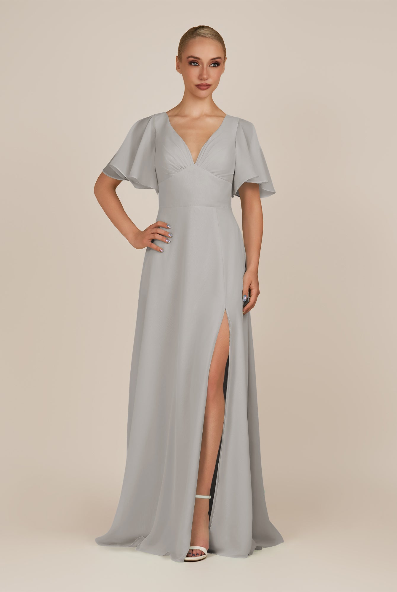 KissDress-Zorina Silver Sheath Chiffon Cap Sleeves V Neck Long Bridesmaid Dress with Slit
