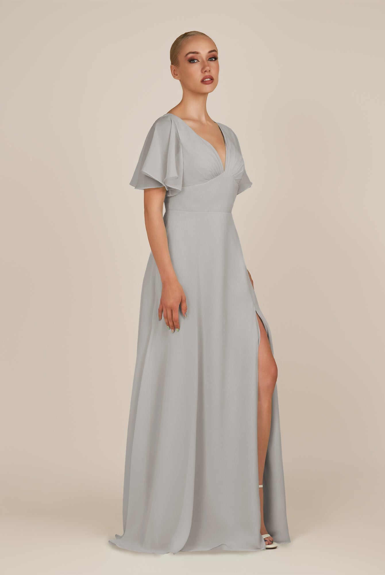 KissDress-Zorina Silver Sheath Chiffon Cap Sleeves V Neck Long Bridesmaid Dress with Slit