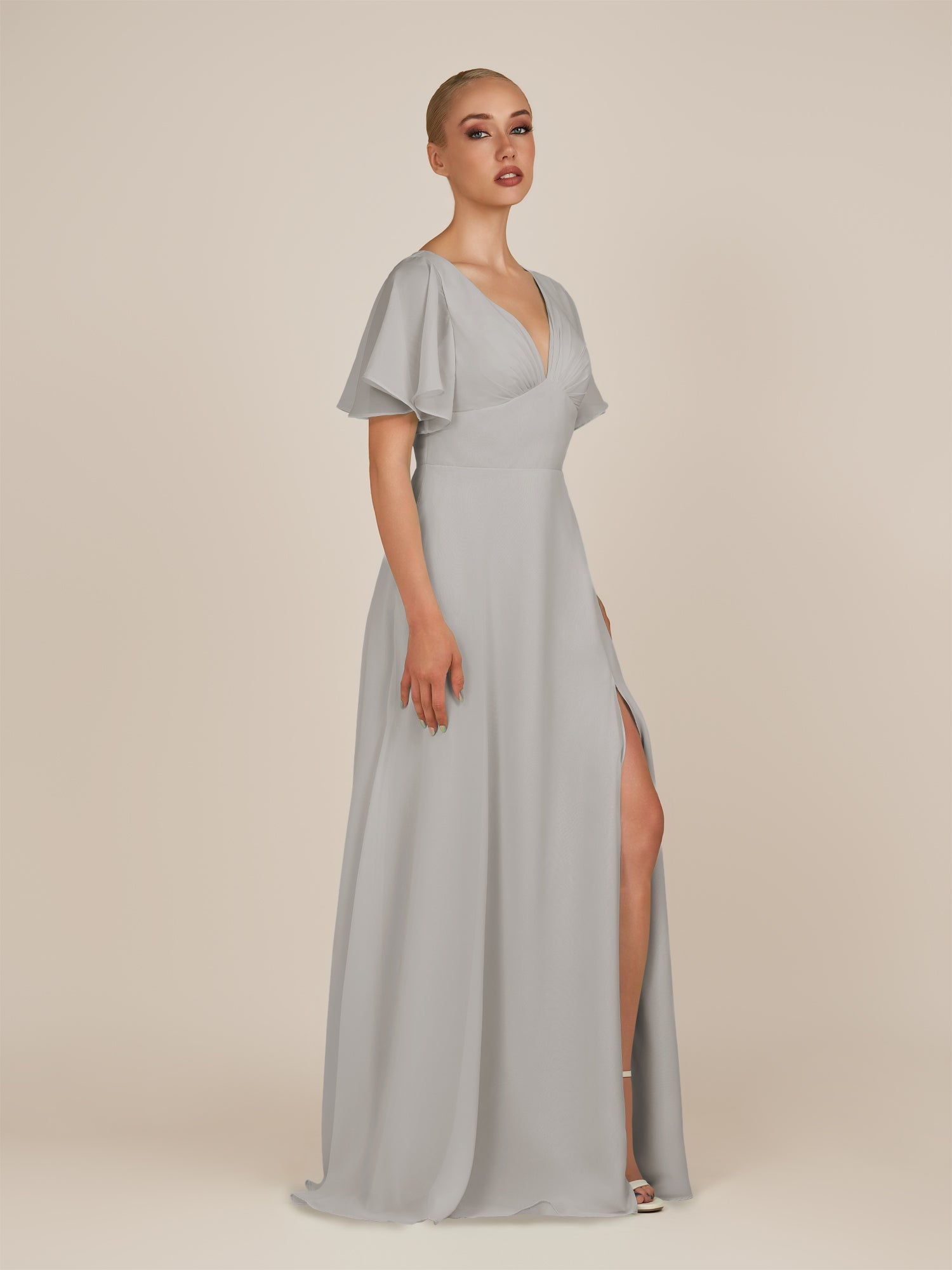 KissDress-Zorina Silver Sheath Chiffon Cap Sleeves V Neck Long Bridesmaid Dress with Slit