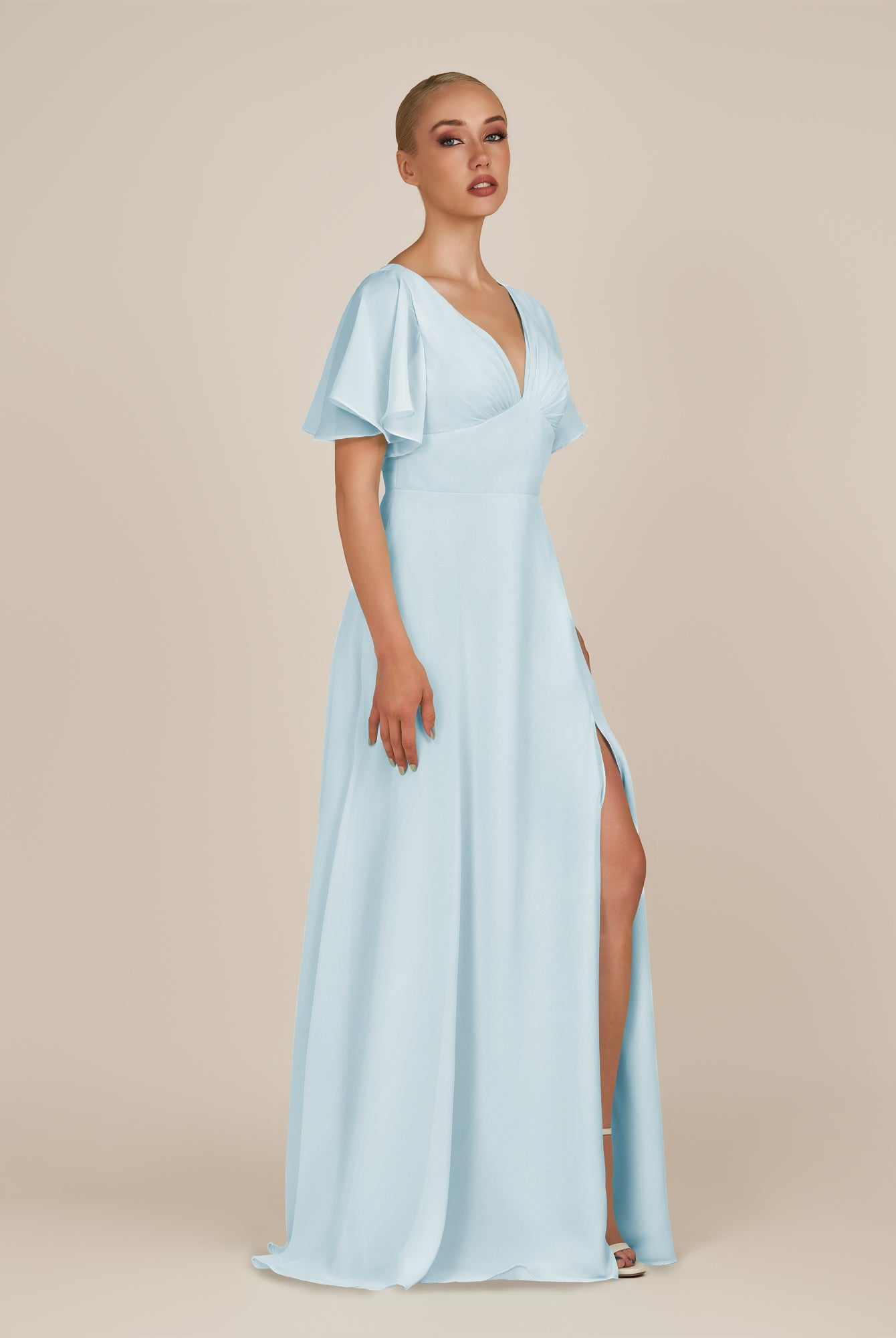 KissDress-Zorina Sky Blue Sheath Chiffon Cap Sleeves V Neck Long Bridesmaid Dress with Slit