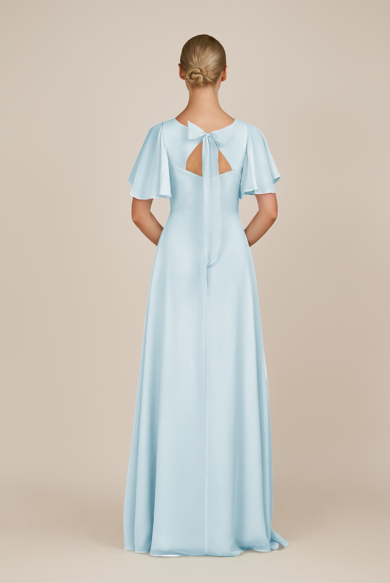 KissDress-Zorina Sky Blue Sheath Chiffon Cap Sleeves V Neck Long Bridesmaid Dress with Slit
