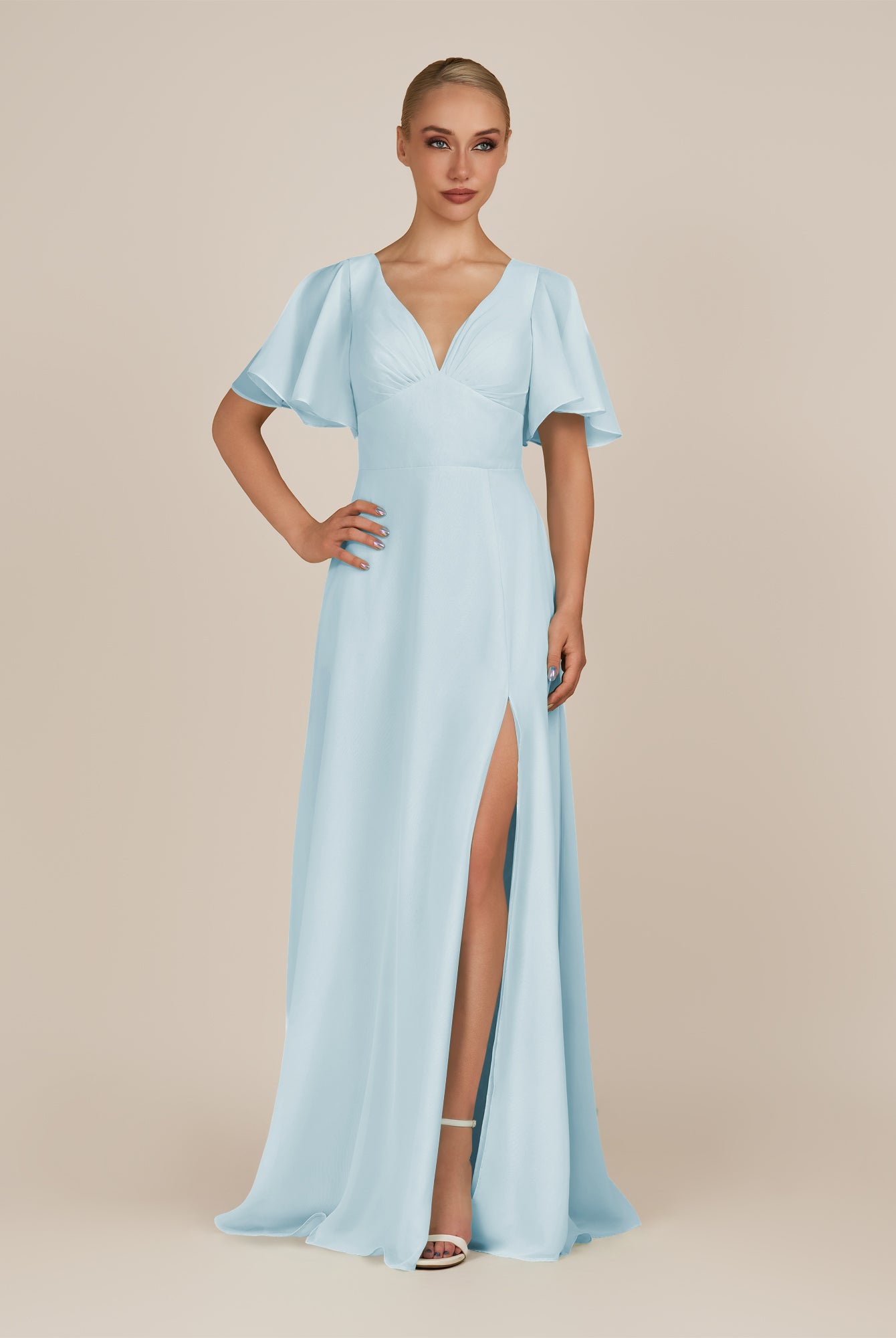 KissDress-Zorina Sky Blue Sheath Chiffon Cap Sleeves V Neck Long Bridesmaid Dress with Slit