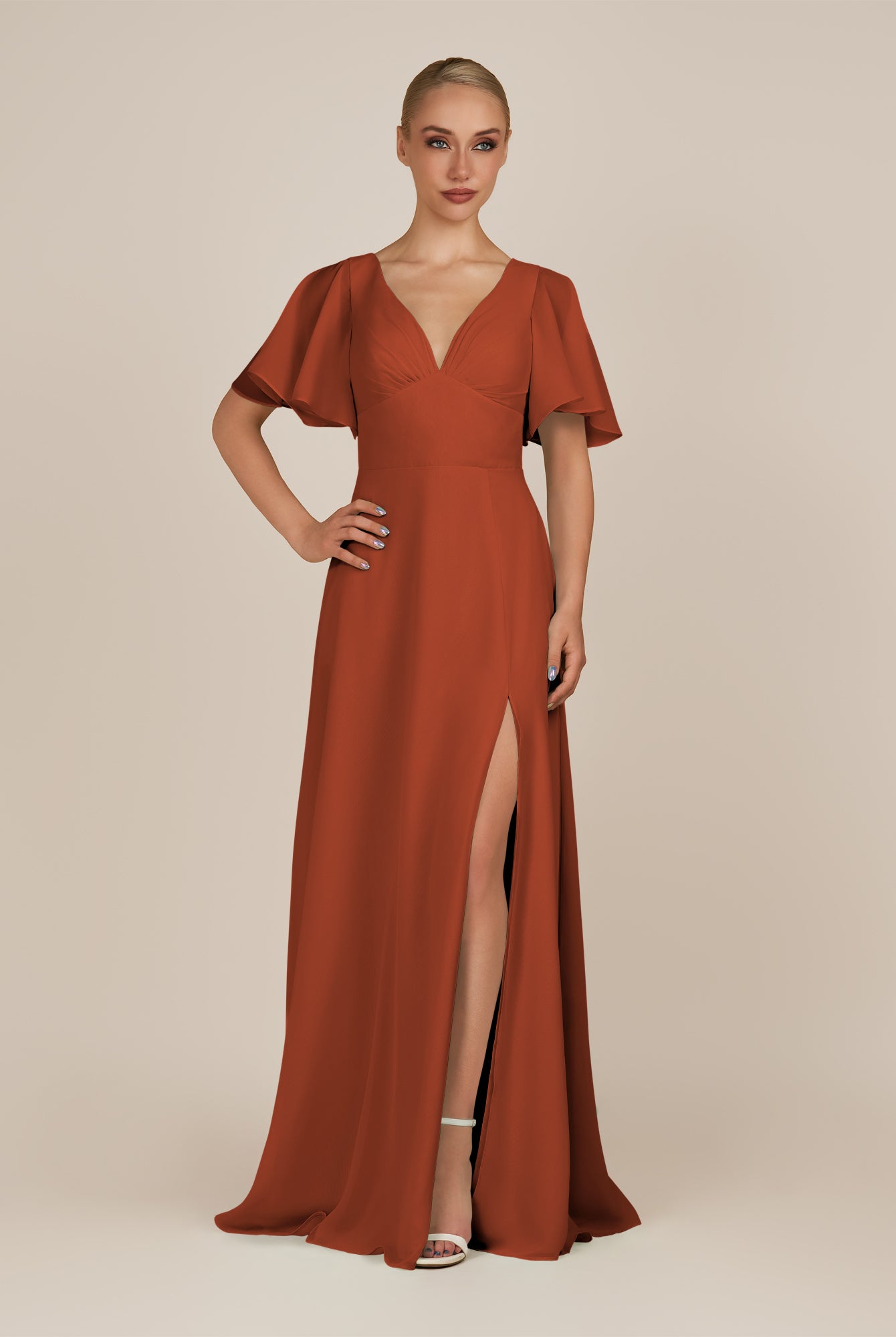 KissDress-Zorina Spice Sheath Chiffon Cap Sleeves V Neck Long Bridesmaid Dress with Slit