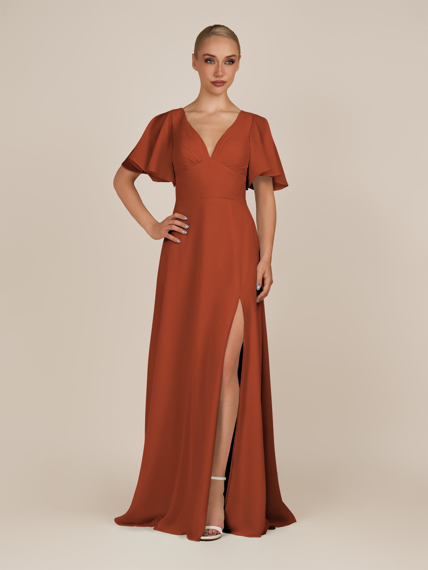 KissDress-Zorina Spice Sheath Chiffon Cap Sleeves V Neck Long Bridesmaid Dress with Slit