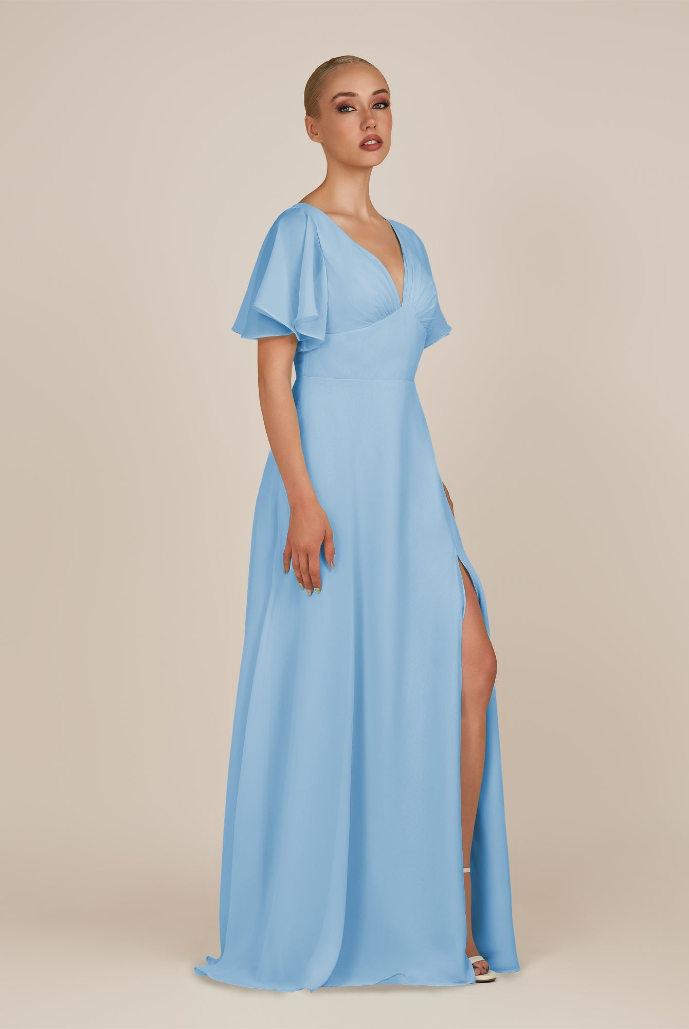 KissDress-Zorina Steel Blue Sheath Chiffon Cap Sleeves V Neck Long Bridesmaid Dress with Slit