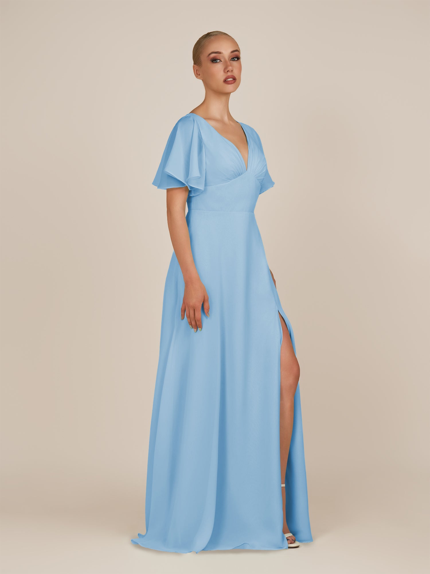 KissDress-Zorina Steel Blue Sheath Chiffon Cap Sleeves V Neck Long Bridesmaid Dress with Slit