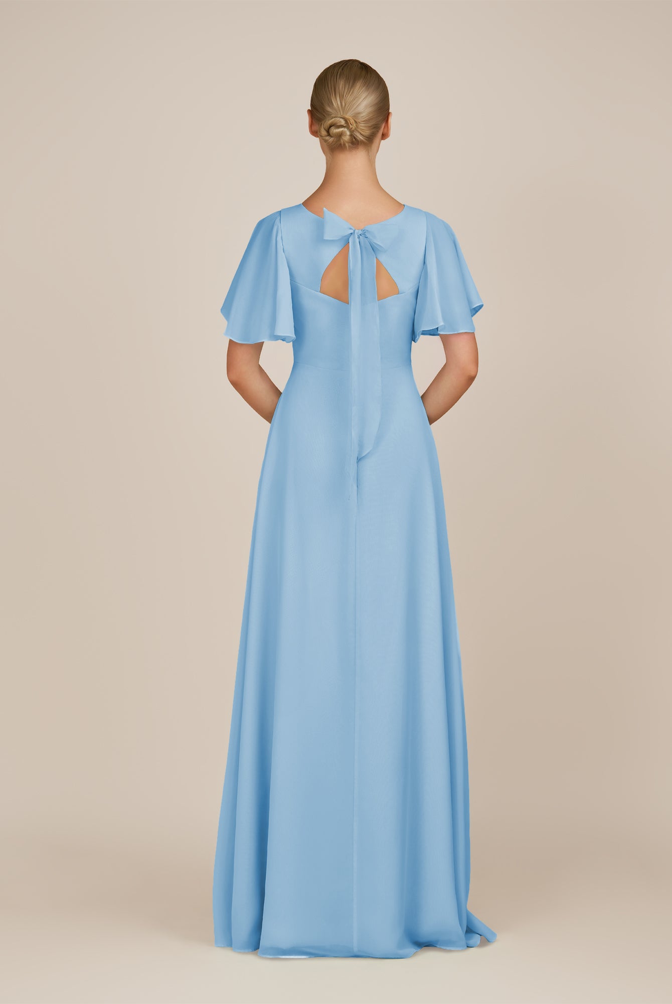 KissDress-Zorina Steel Blue Sheath Chiffon Cap Sleeves V Neck Long Bridesmaid Dress with Slit