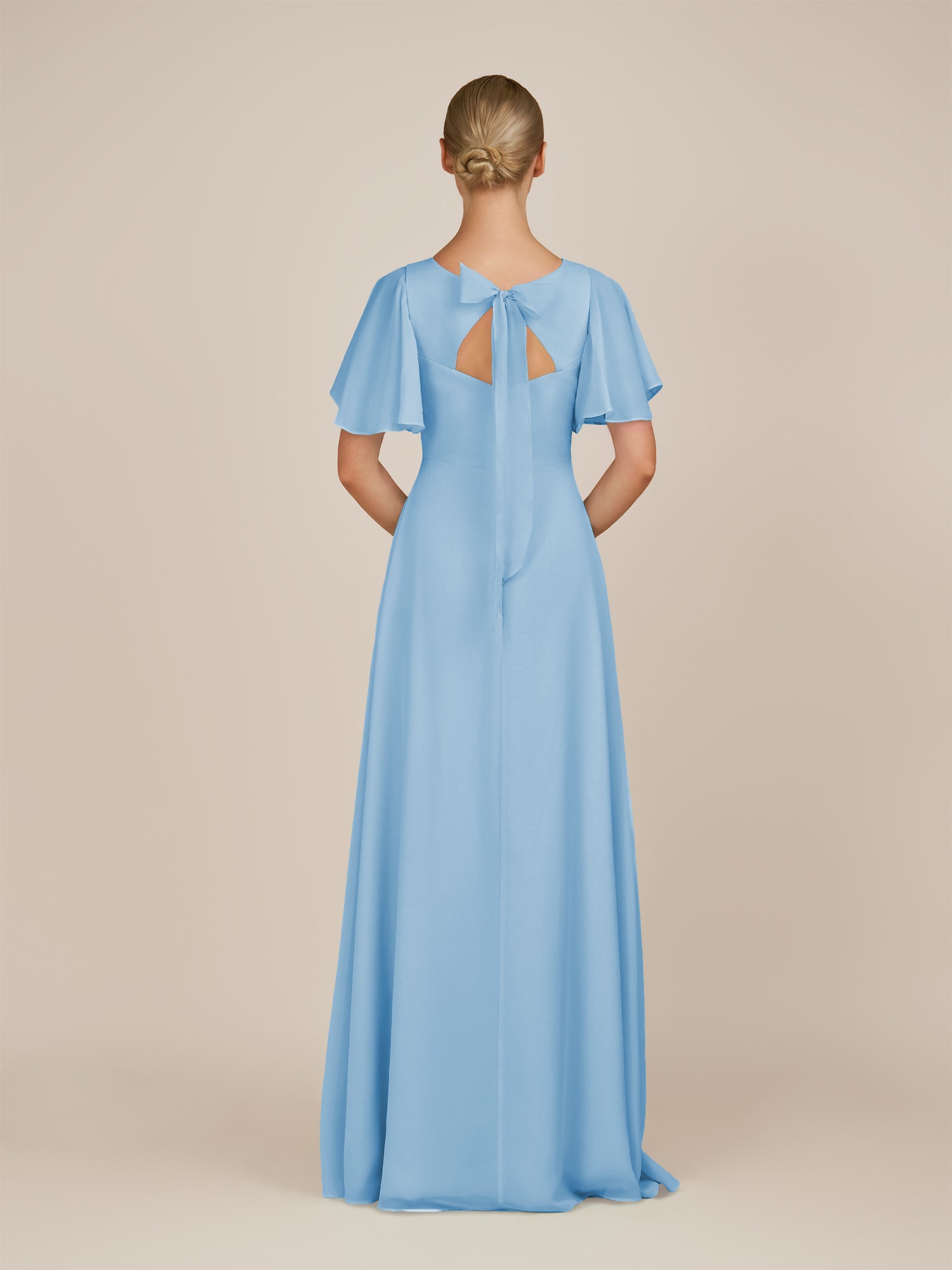 KissDress-Zorina Steel Blue Sheath Chiffon Cap Sleeves V Neck Long Bridesmaid Dress with Slit