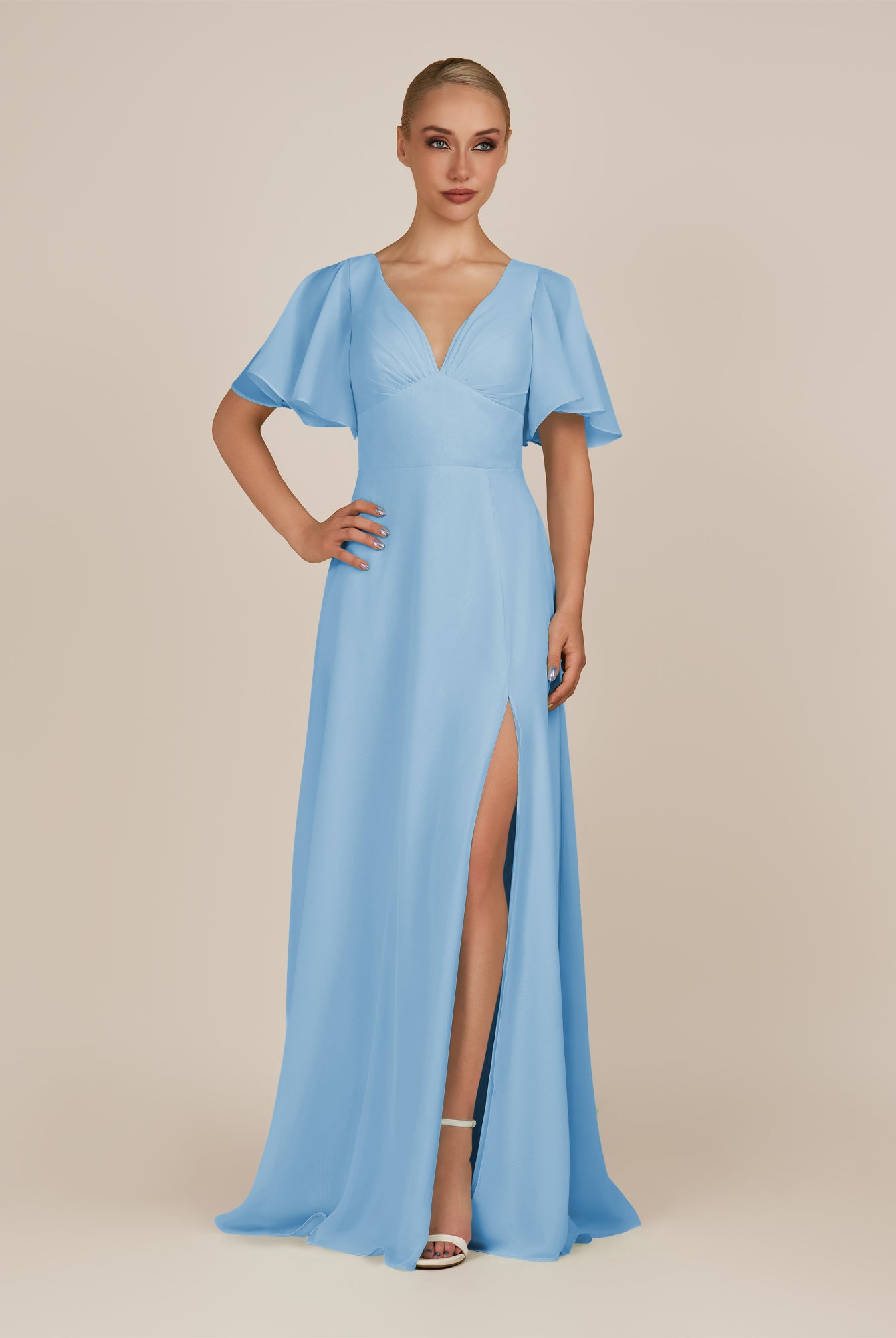 KissDress-Zorina Steel Blue Sheath Chiffon Cap Sleeves V Neck Long Bridesmaid Dress with Slit
