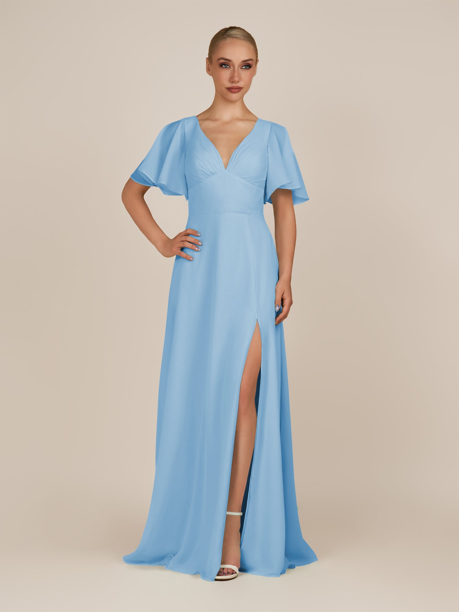 KissDress-Zorina Steel Blue Sheath Chiffon Cap Sleeves V Neck Long Bridesmaid Dress with Slit