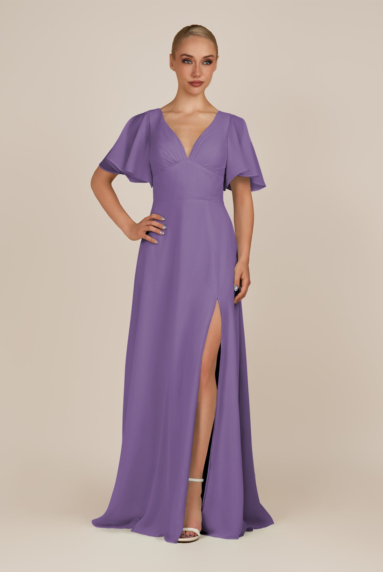 KissDress-Zorina Tahiti Sheath Chiffon Cap Sleeves V Neck Long Bridesmaid Dress with Slit