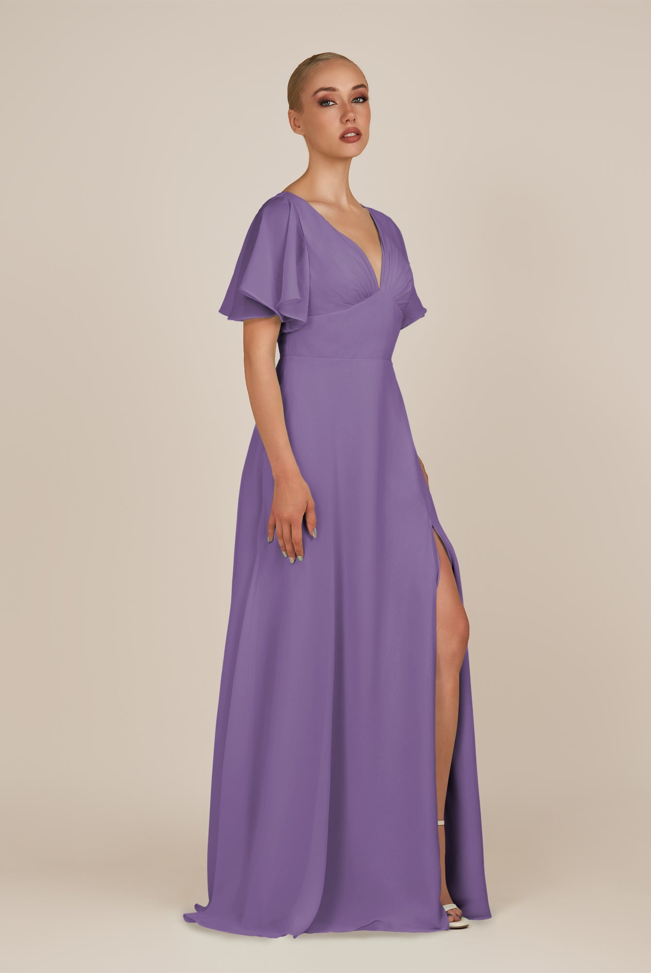 KissDress-Zorina Tahiti Sheath Chiffon Cap Sleeves V Neck Long Bridesmaid Dress with Slit