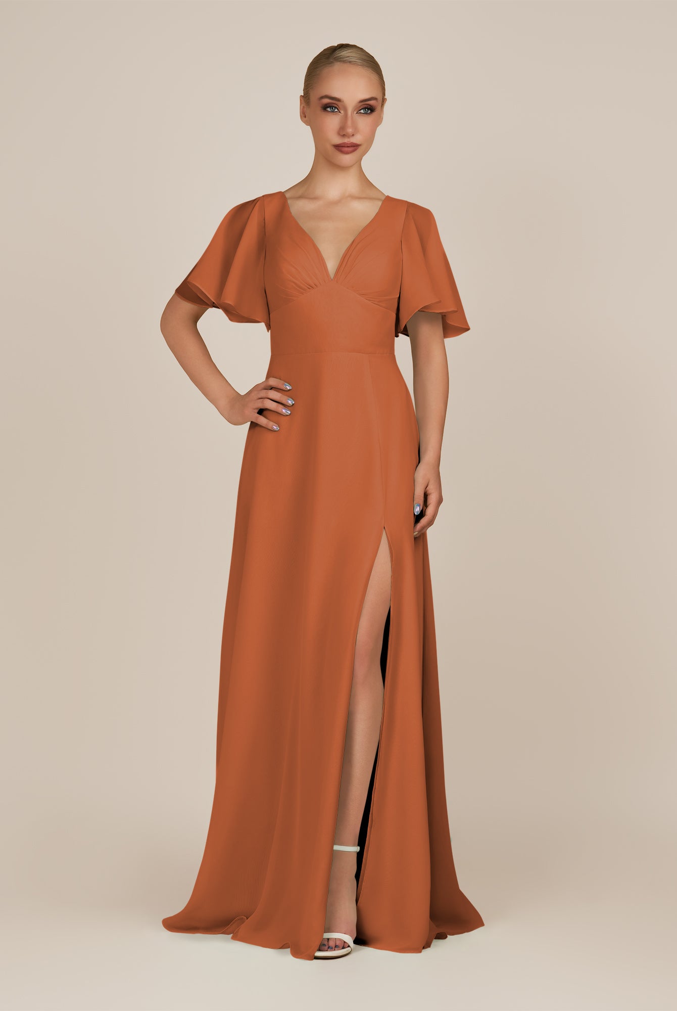 KissDress-Zorina Terracotta Sheath Chiffon Cap Sleeves V Neck Long Bridesmaid Dress with Slit