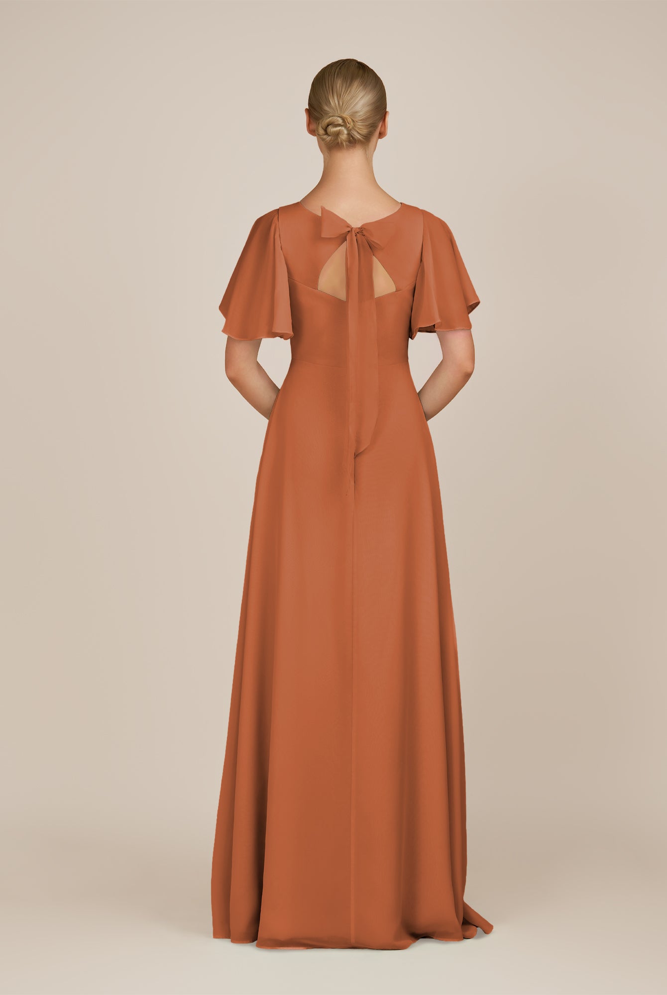KissDress-Zorina Terracotta Sheath Chiffon Cap Sleeves V Neck Long Bridesmaid Dress with Slit