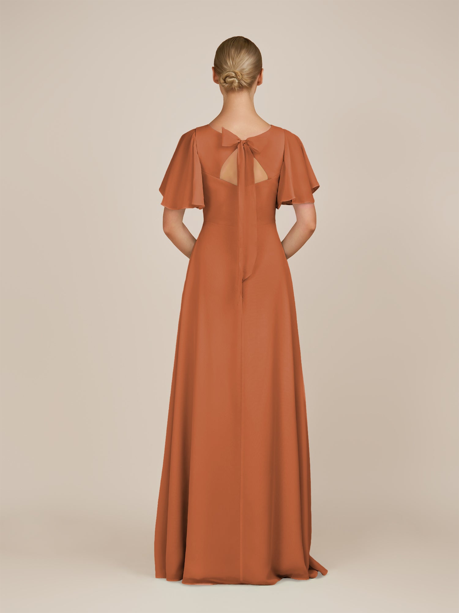 KissDress-Zorina Terracotta Sheath Chiffon Cap Sleeves V Neck Long Bridesmaid Dress with Slit