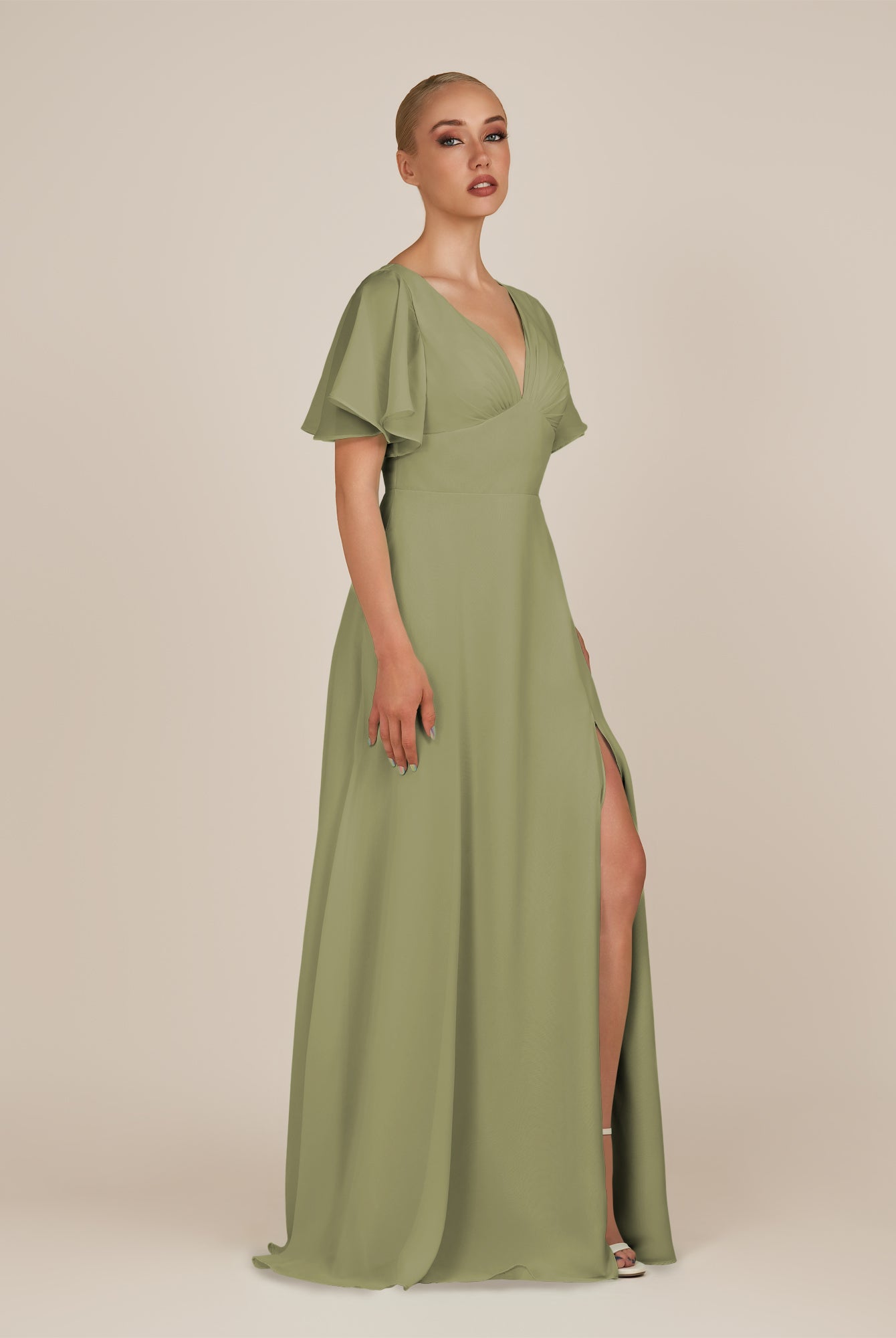 KissDress-Zorina Thyme Sheath Chiffon Cap Sleeves V Neck Long Bridesmaid Dress with Slit