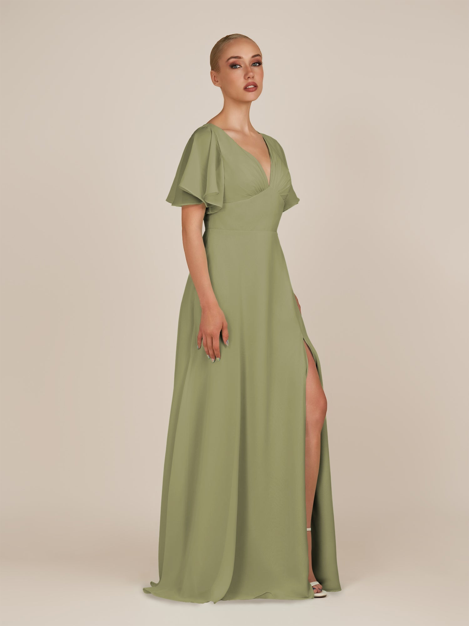 KissDress-Zorina Thyme Sheath Chiffon Cap Sleeves V Neck Long Bridesmaid Dress with Slit