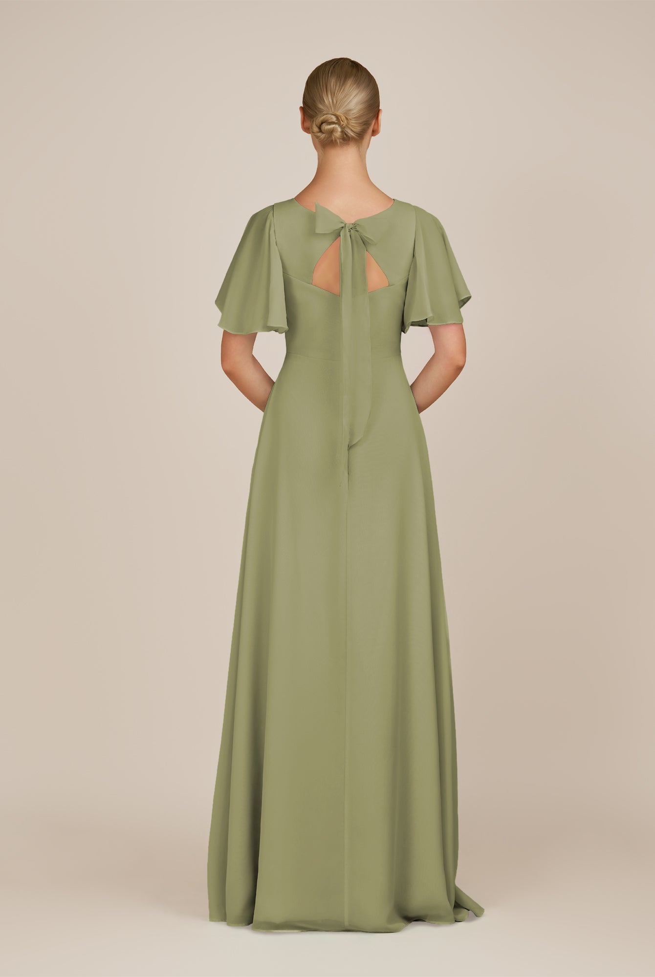 KissDress-Zorina Thyme Sheath Chiffon Cap Sleeves V Neck Long Bridesmaid Dress with Slit