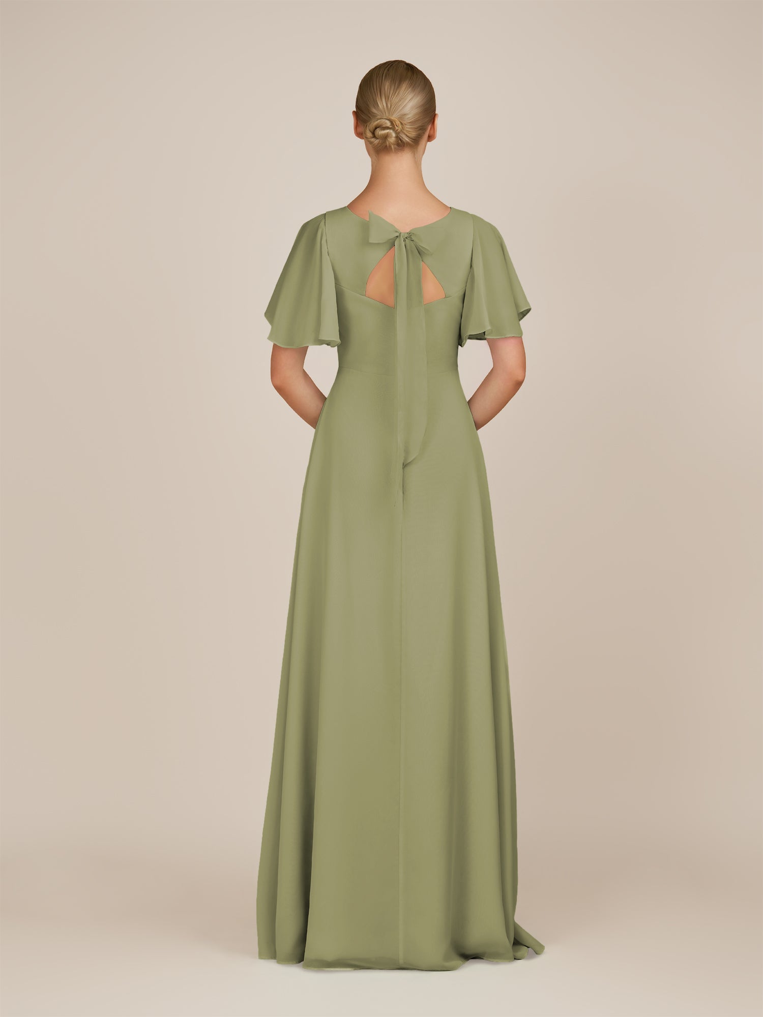 KissDress-Zorina Thyme Sheath Chiffon Cap Sleeves V Neck Long Bridesmaid Dress with Slit