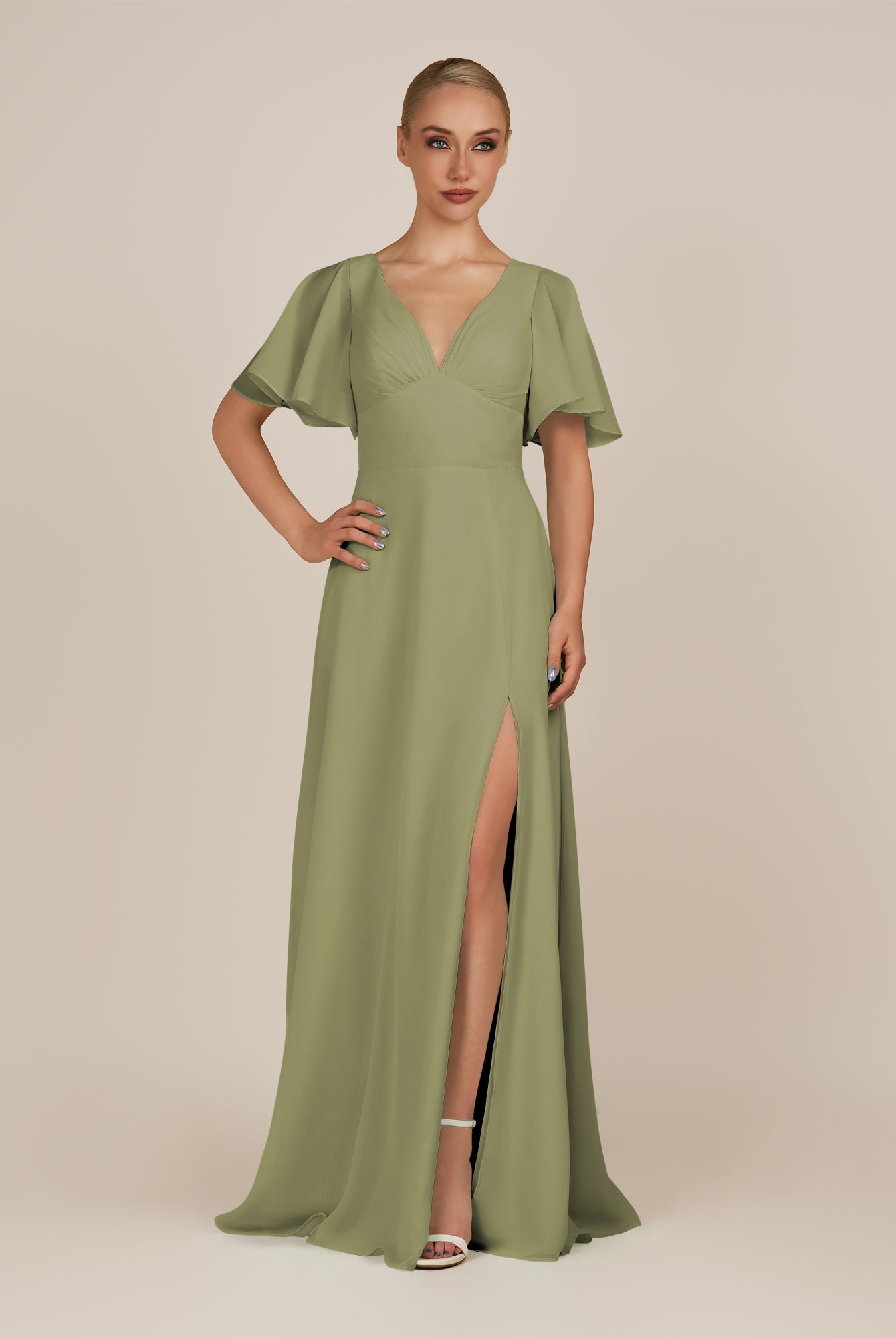 KissDress-Zorina Thyme Sheath Chiffon Cap Sleeves V Neck Long Bridesmaid Dress with Slit