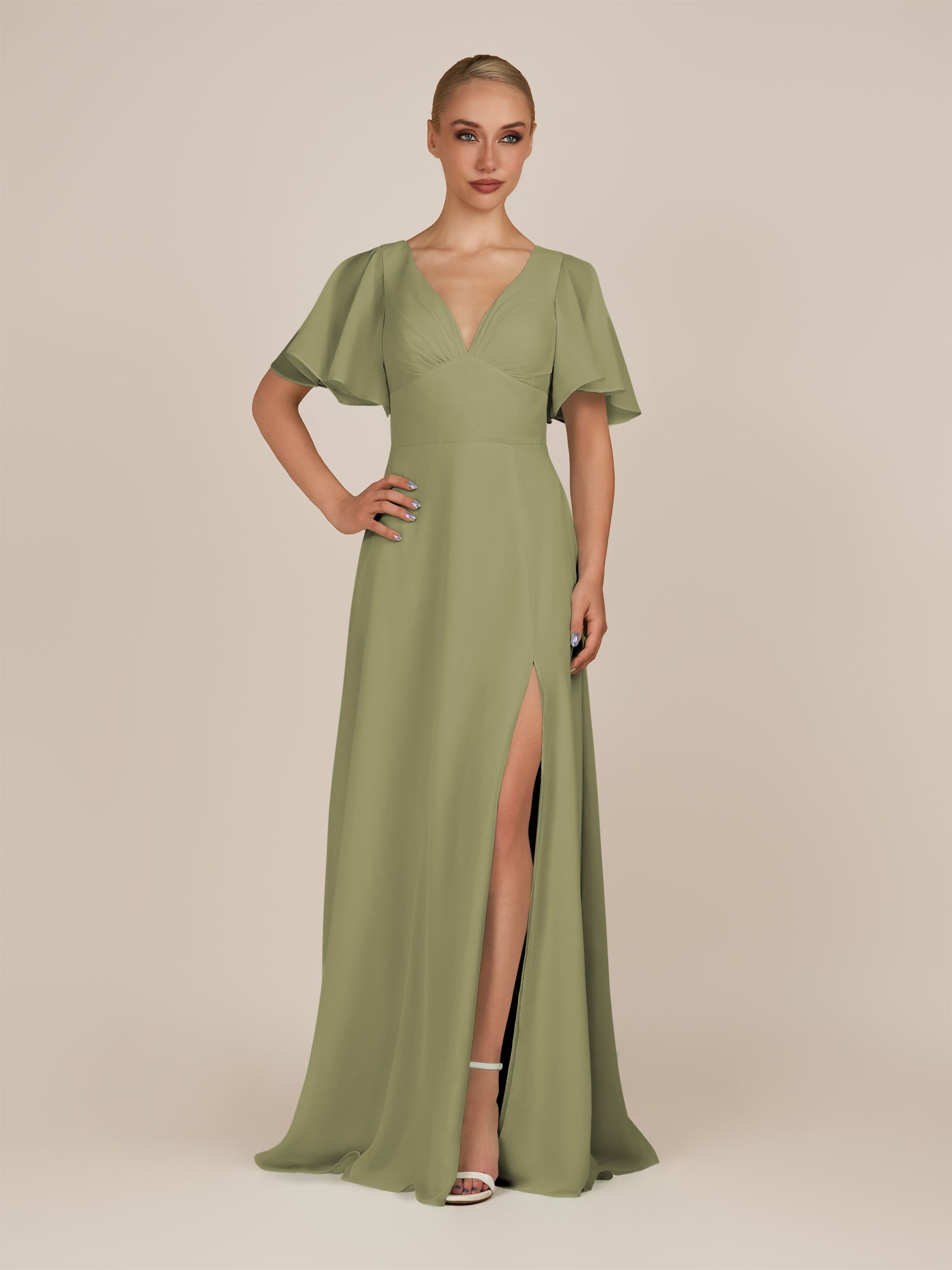 KissDress-Zorina Thyme Sheath Chiffon Cap Sleeves V Neck Long Bridesmaid Dress with Slit