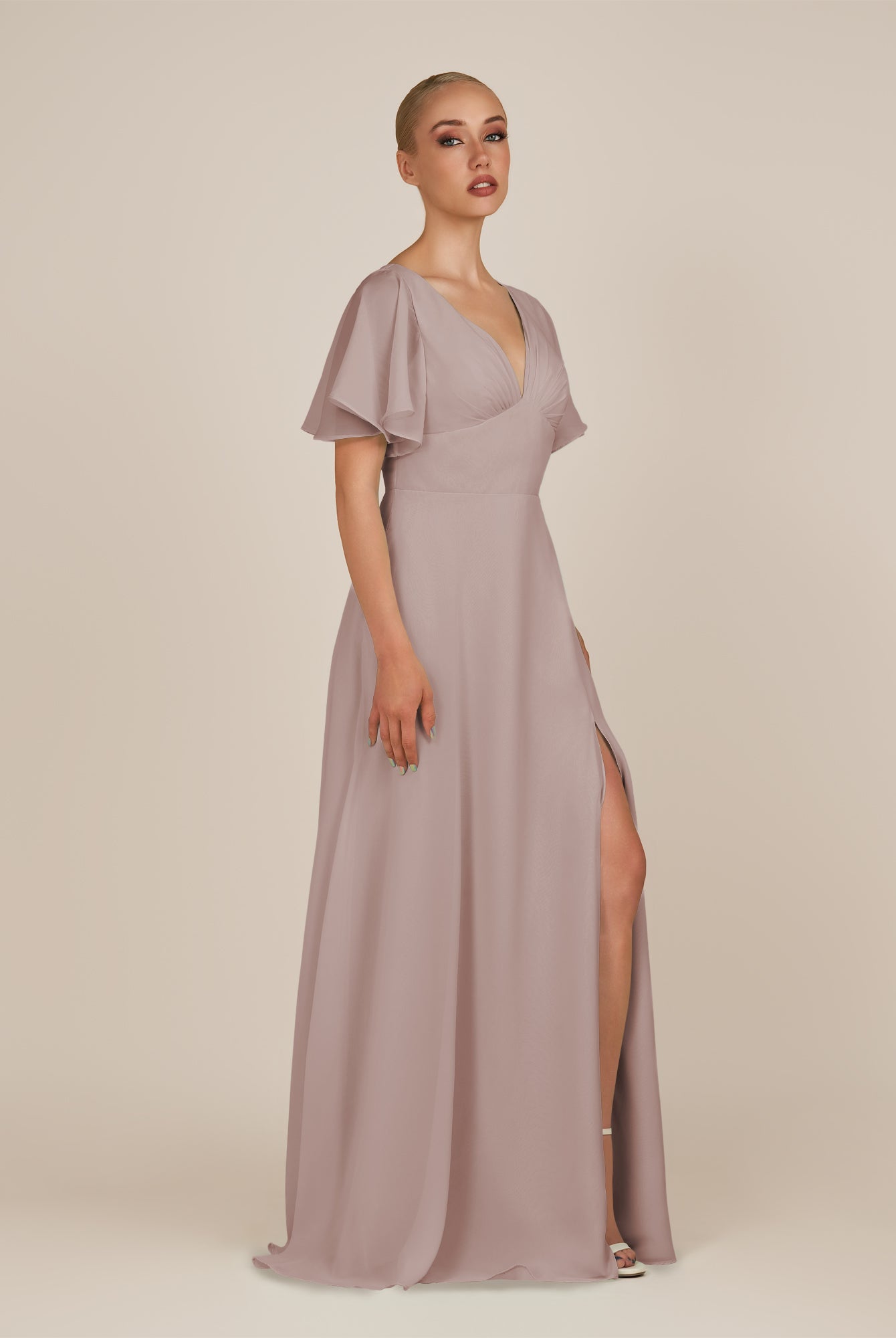 KissDress-Zorina Toffee Sheath Chiffon Cap Sleeves V Neck Long Bridesmaid Dress with Slit