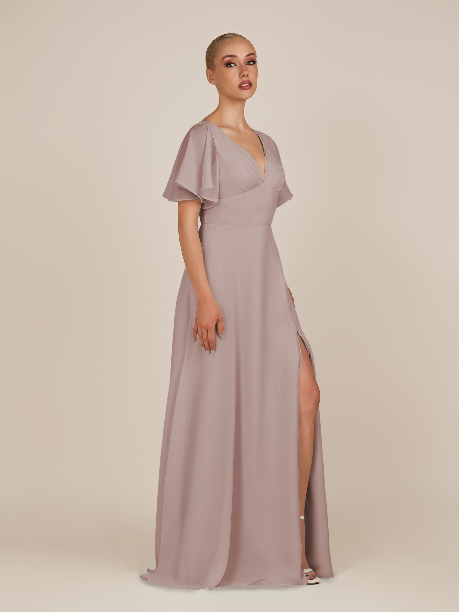 KissDress-Zorina Toffee Sheath Chiffon Cap Sleeves V Neck Long Bridesmaid Dress with Slit