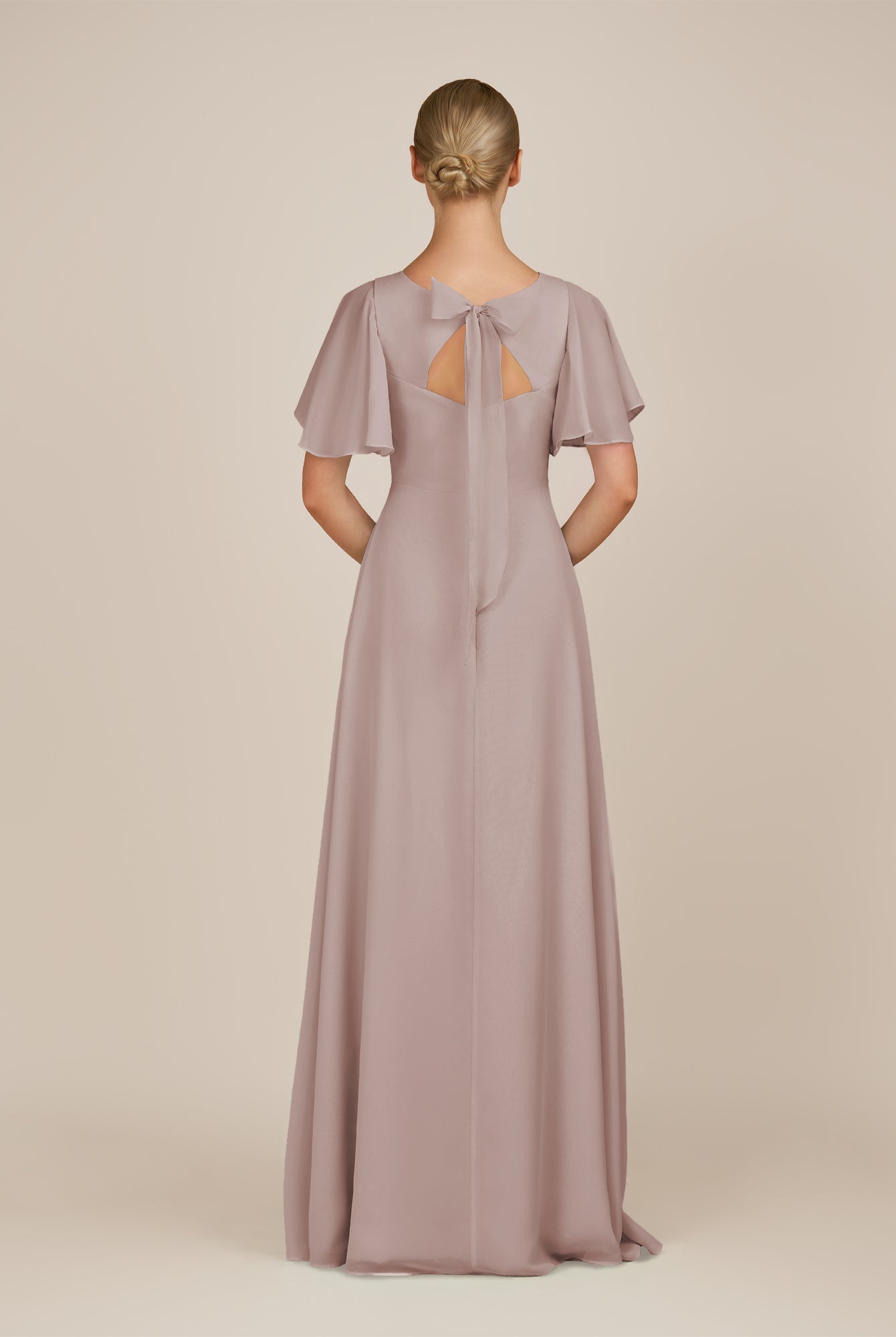 KissDress-Zorina Toffee Sheath Chiffon Cap Sleeves V Neck Long Bridesmaid Dress with Slit