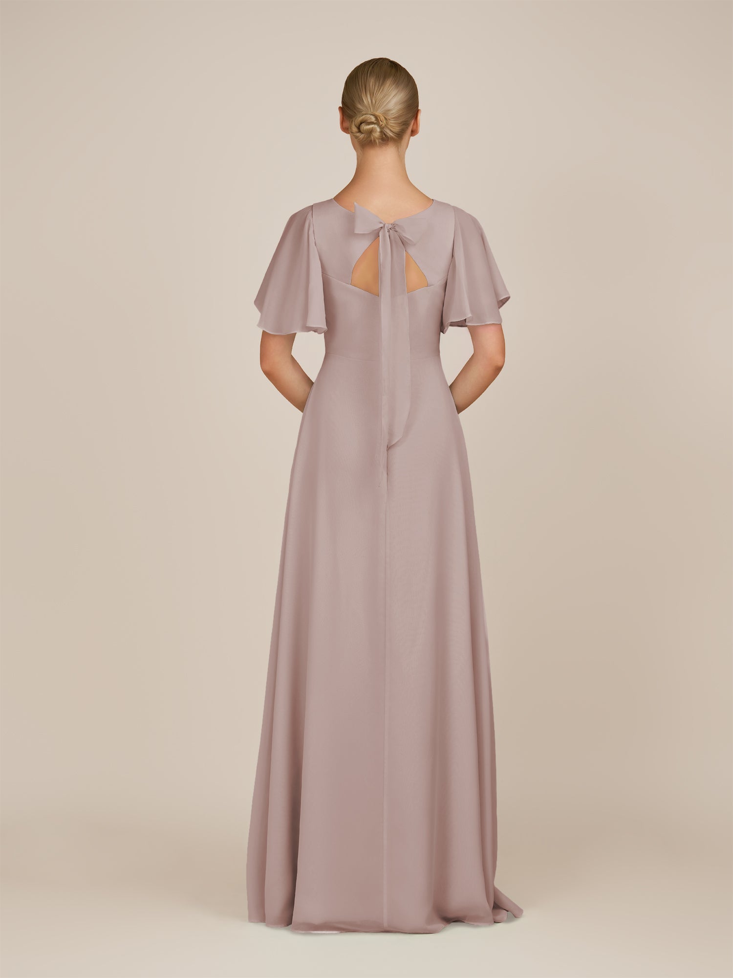 KissDress-Zorina Toffee Sheath Chiffon Cap Sleeves V Neck Long Bridesmaid Dress with Slit