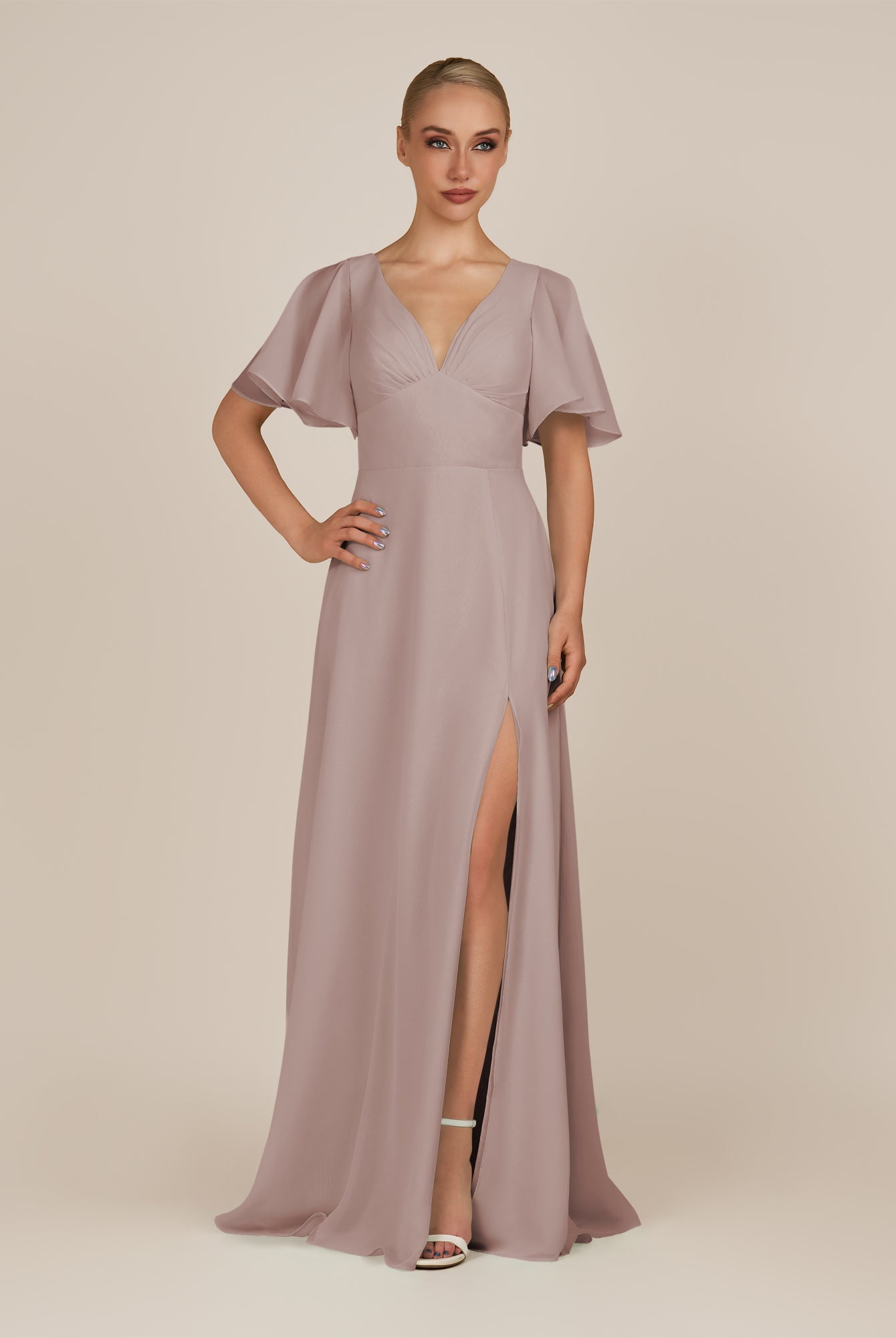 KissDress-Zorina Toffee Sheath Chiffon Cap Sleeves V Neck Long Bridesmaid Dress with Slit