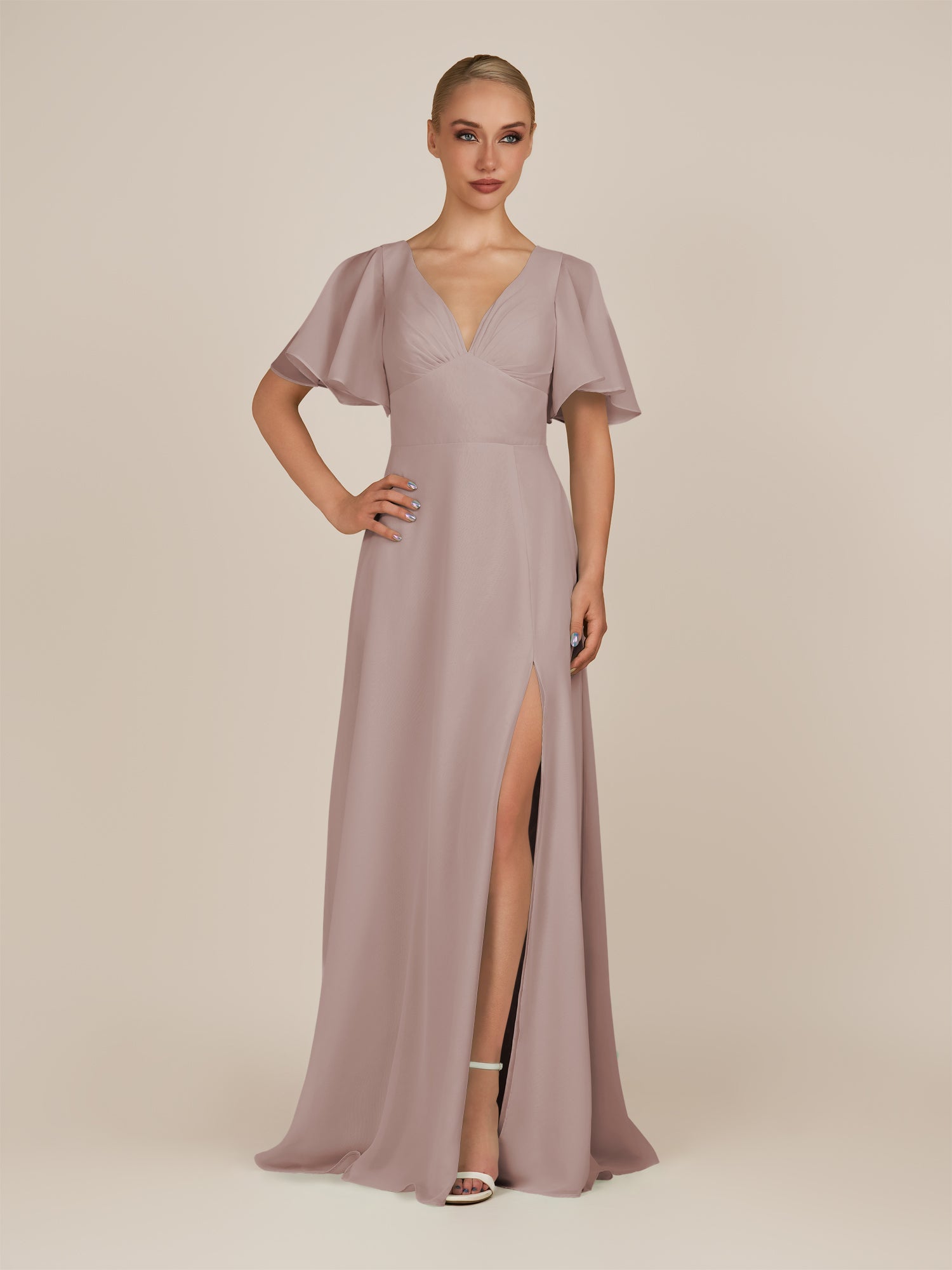 KissDress-Zorina Toffee Sheath Chiffon Cap Sleeves V Neck Long Bridesmaid Dress with Slit