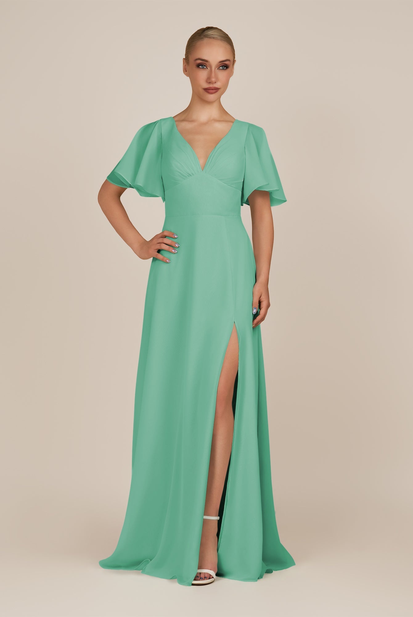 KissDress-Zorina Turquoise Sheath Chiffon Cap Sleeves V Neck Long Bridesmaid Dress with Slit