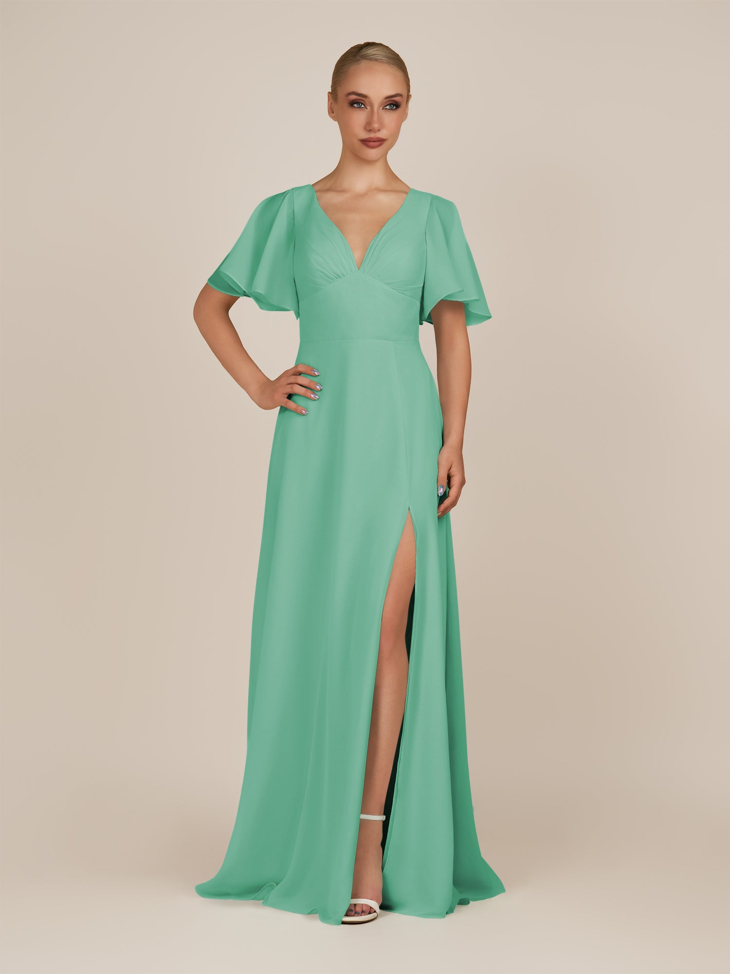 KissDress-Zorina Turquoise Sheath Chiffon Cap Sleeves V Neck Long Bridesmaid Dress with Slit