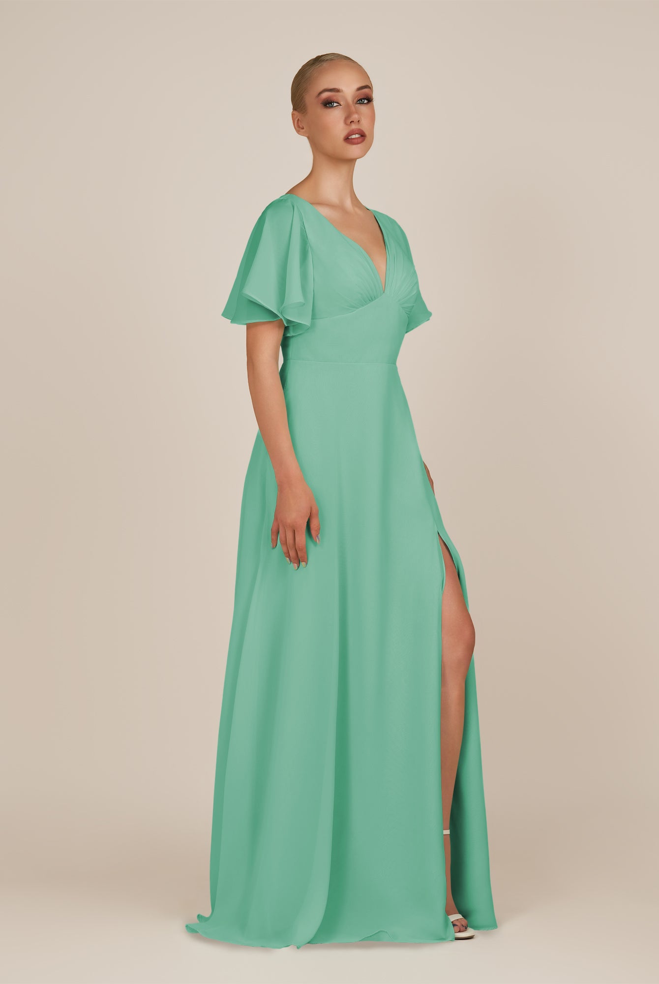 KissDress-Zorina Turquoise Sheath Chiffon Cap Sleeves V Neck Long Bridesmaid Dress with Slit