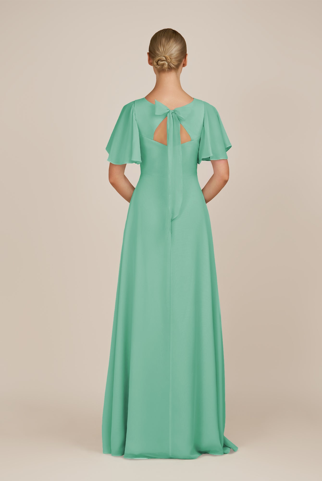 KissDress-Zorina Turquoise Sheath Chiffon Cap Sleeves V Neck Long Bridesmaid Dress with Slit
