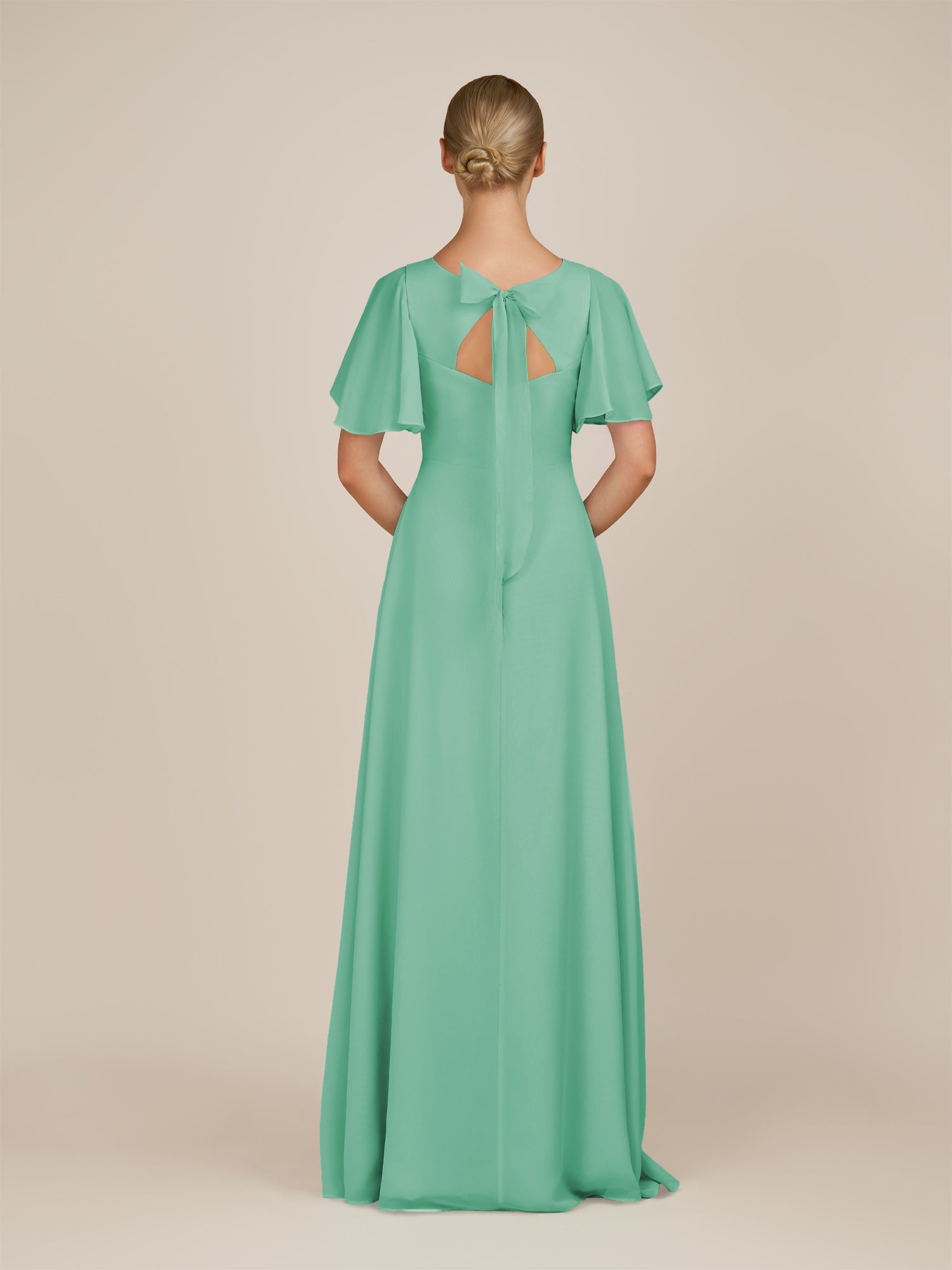KissDress-Zorina Turquoise Sheath Chiffon Cap Sleeves V Neck Long Bridesmaid Dress with Slit