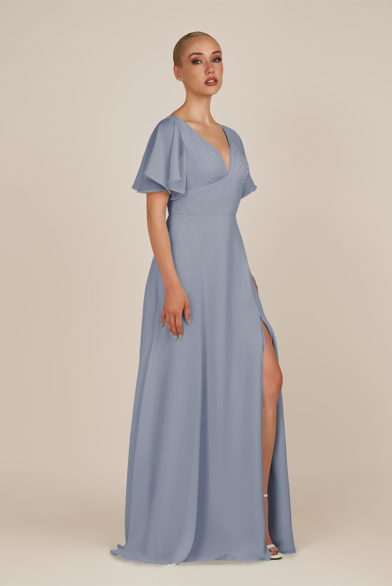 KissDress-Zorina Twilight Sheath Chiffon Cap Sleeves V Neck Long Bridesmaid Dress with Slit