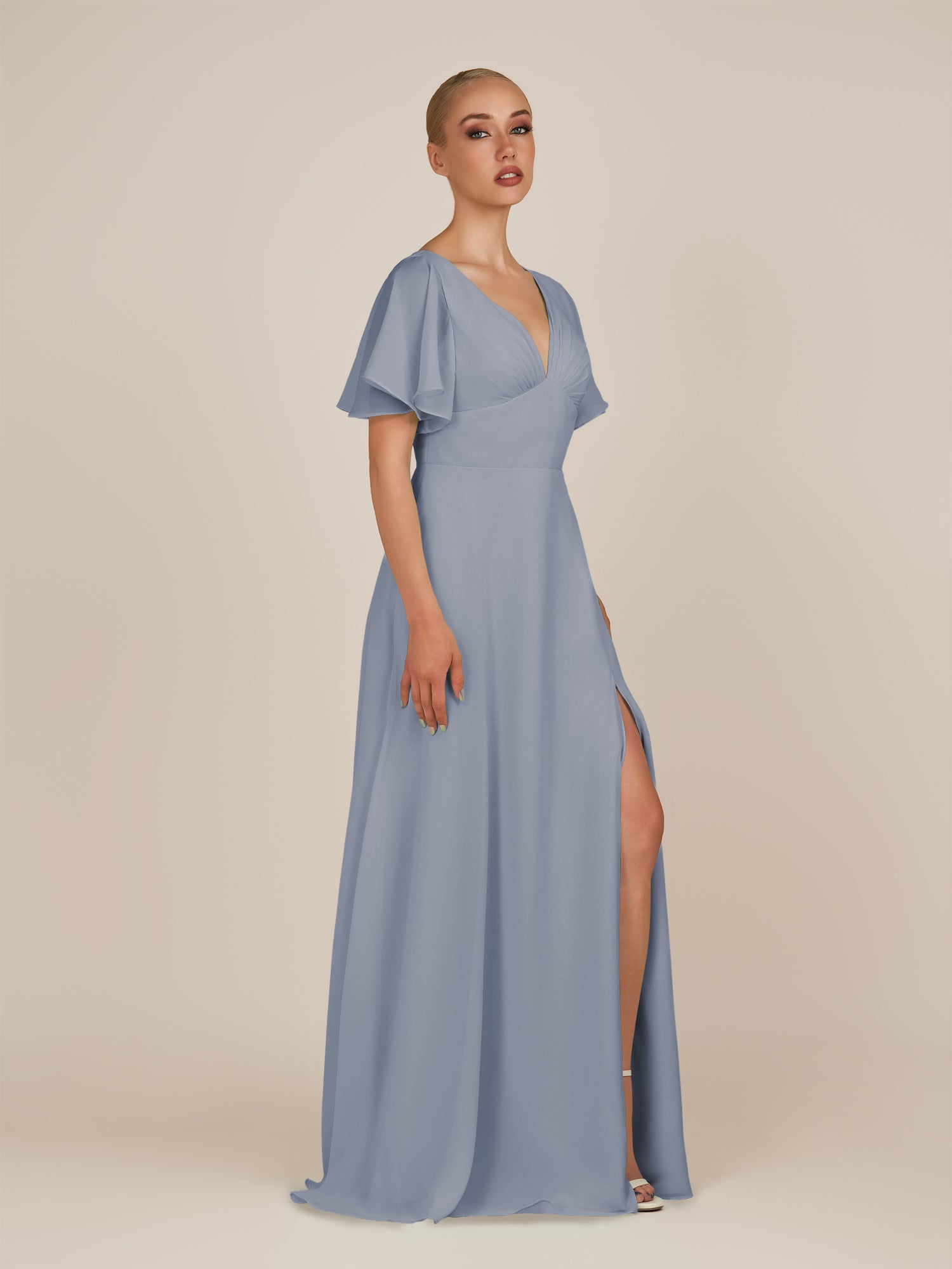 KissDress-Zorina Twilight Sheath Chiffon Cap Sleeves V Neck Long Bridesmaid Dress with Slit