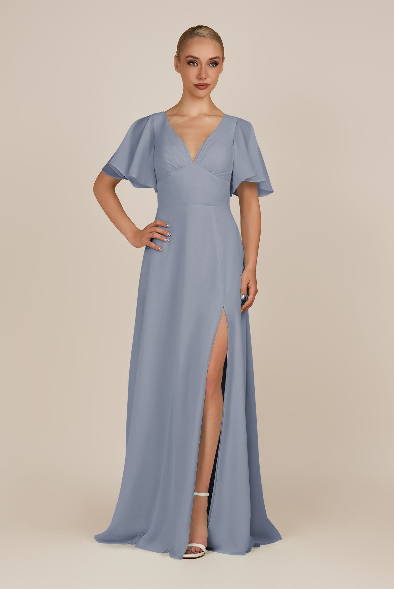 KissDress-Zorina Twilight Sheath Chiffon Cap Sleeves V Neck Long Bridesmaid Dress with Slit