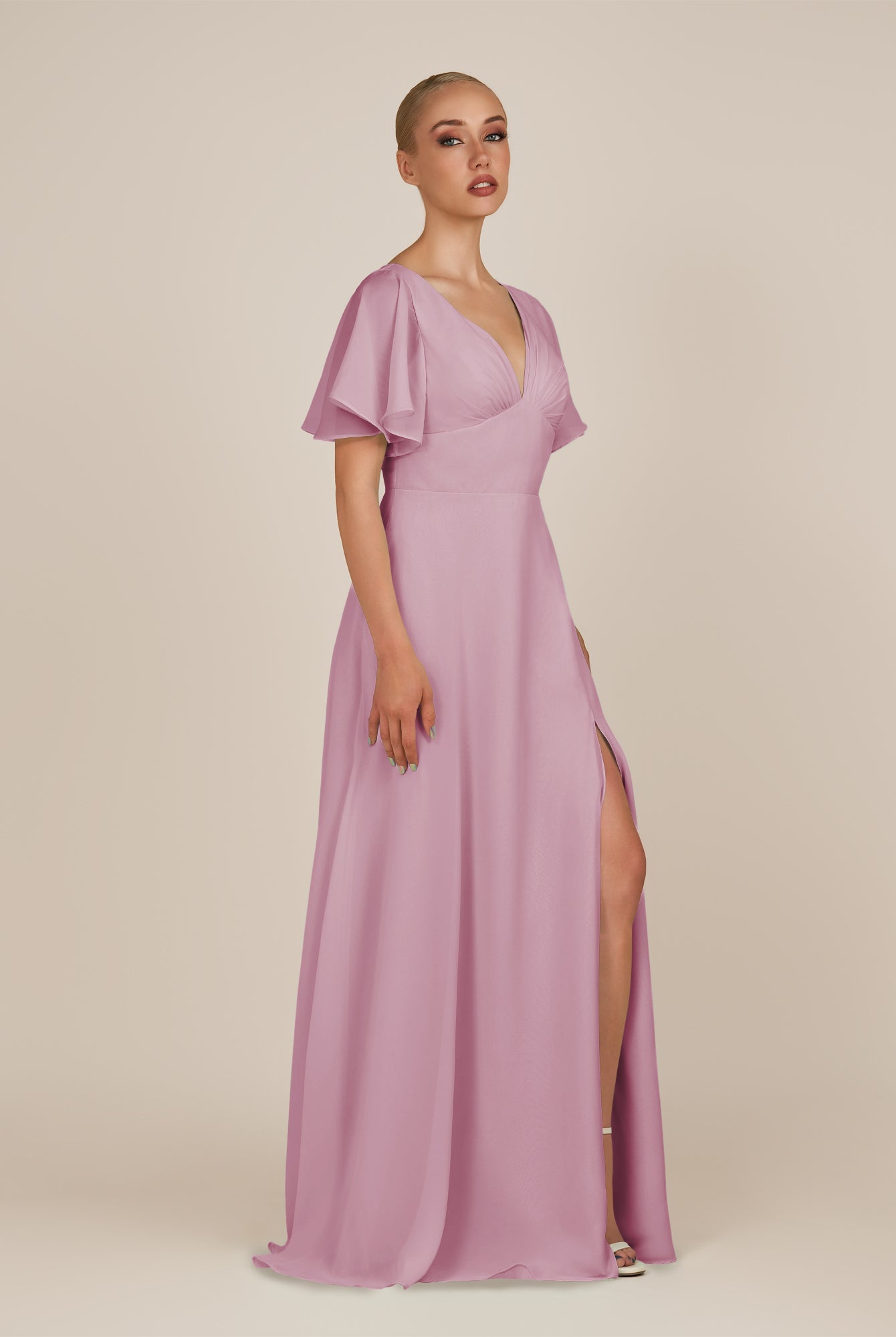 KissDress-Zorina Vintage Mauve Sheath Chiffon Cap Sleeves V Neck Long Bridesmaid Dress with Slit