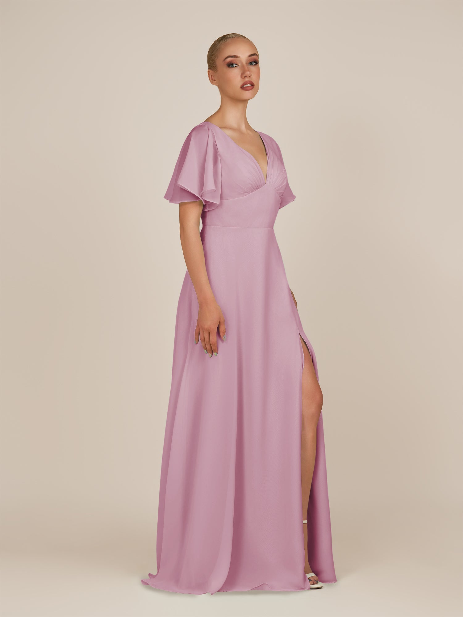 KissDress-Zorina Vintage Mauve Sheath Chiffon Cap Sleeves V Neck Long Bridesmaid Dress with Slit