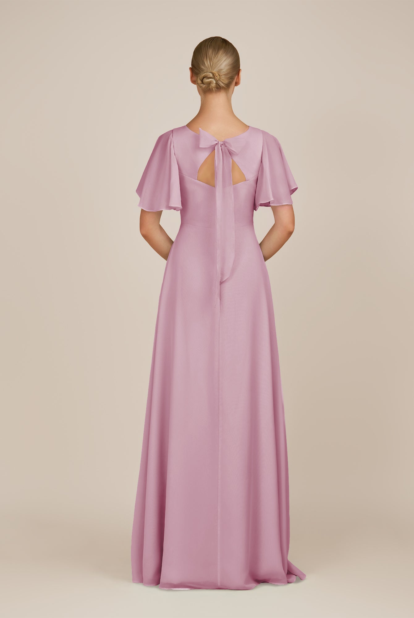 KissDress-Zorina Vintage Mauve Sheath Chiffon Cap Sleeves V Neck Long Bridesmaid Dress with Slit